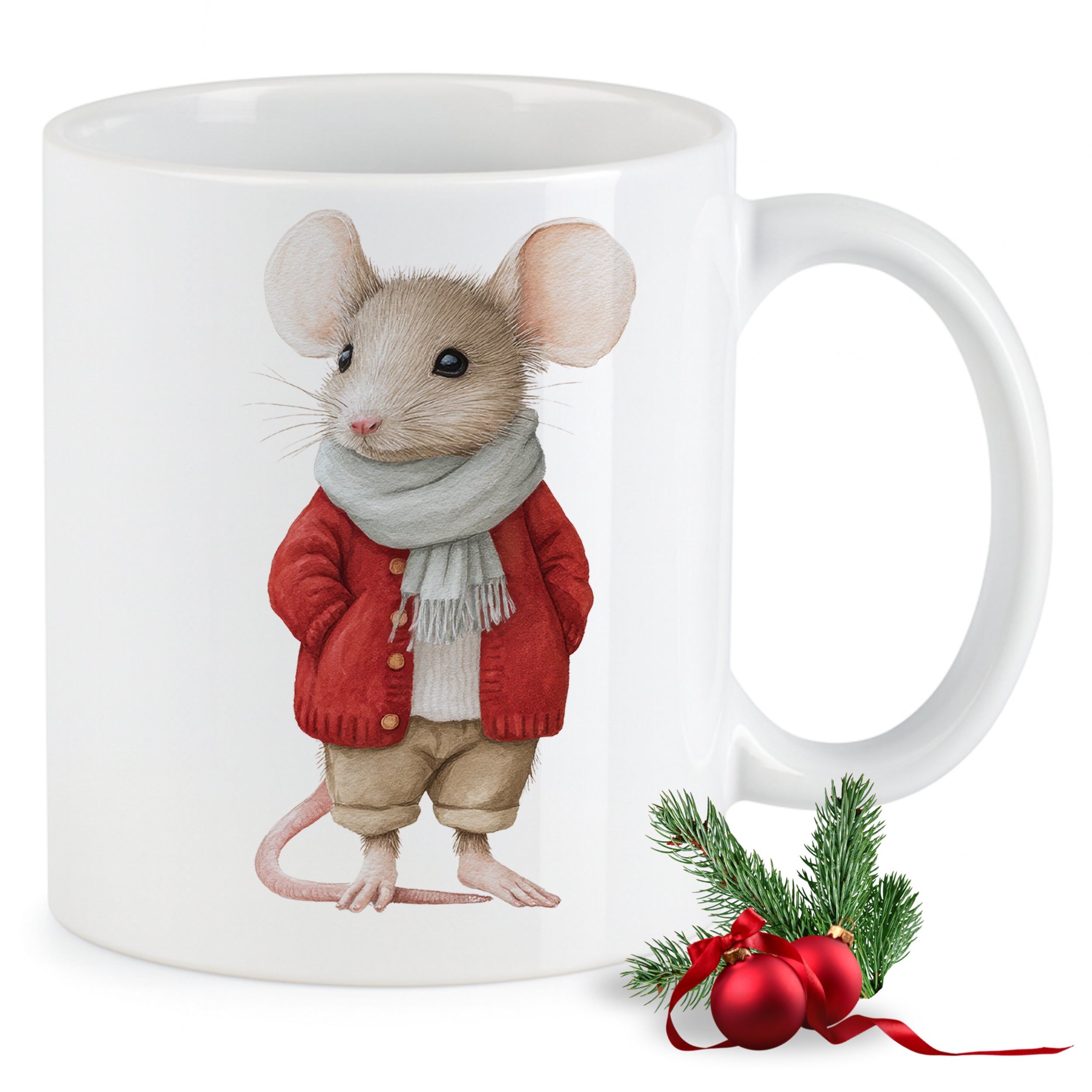 Tasse mit niedlicher Maus in rotem Pullover und Schal.