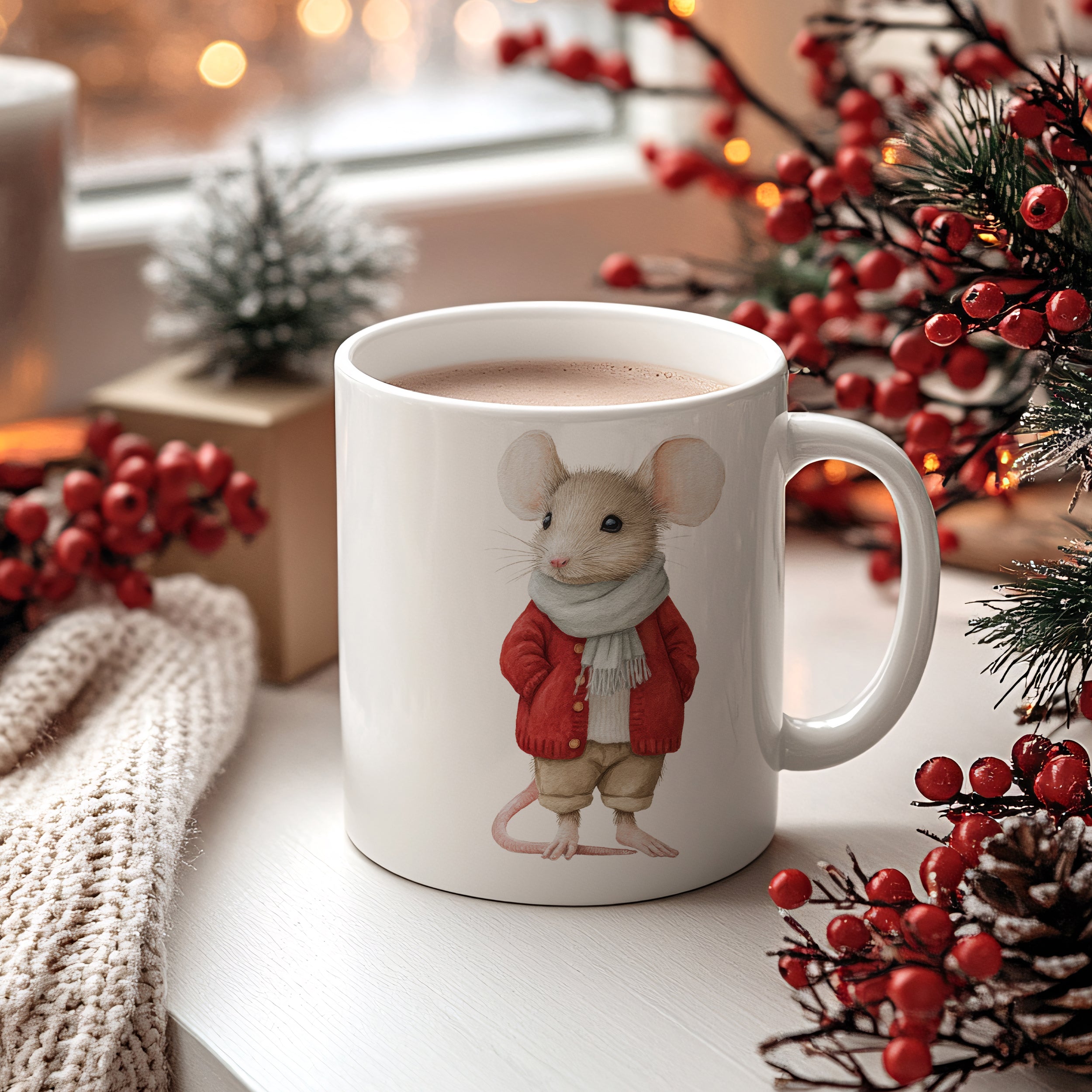 Tasse mit Maus im roten Mantel und grauem Schal