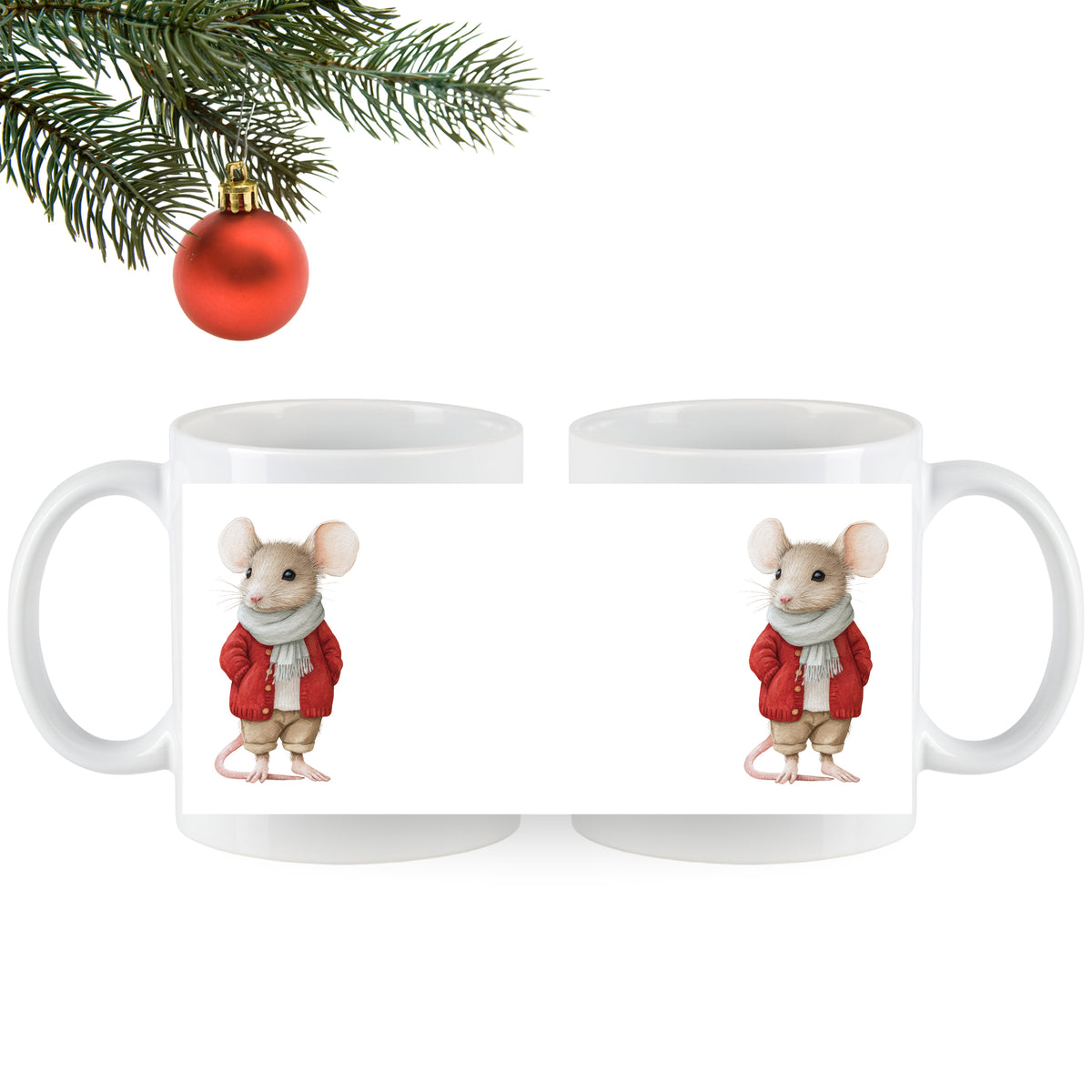 Tassen mit niedlicher Maus in rotem Mantel und Schal.