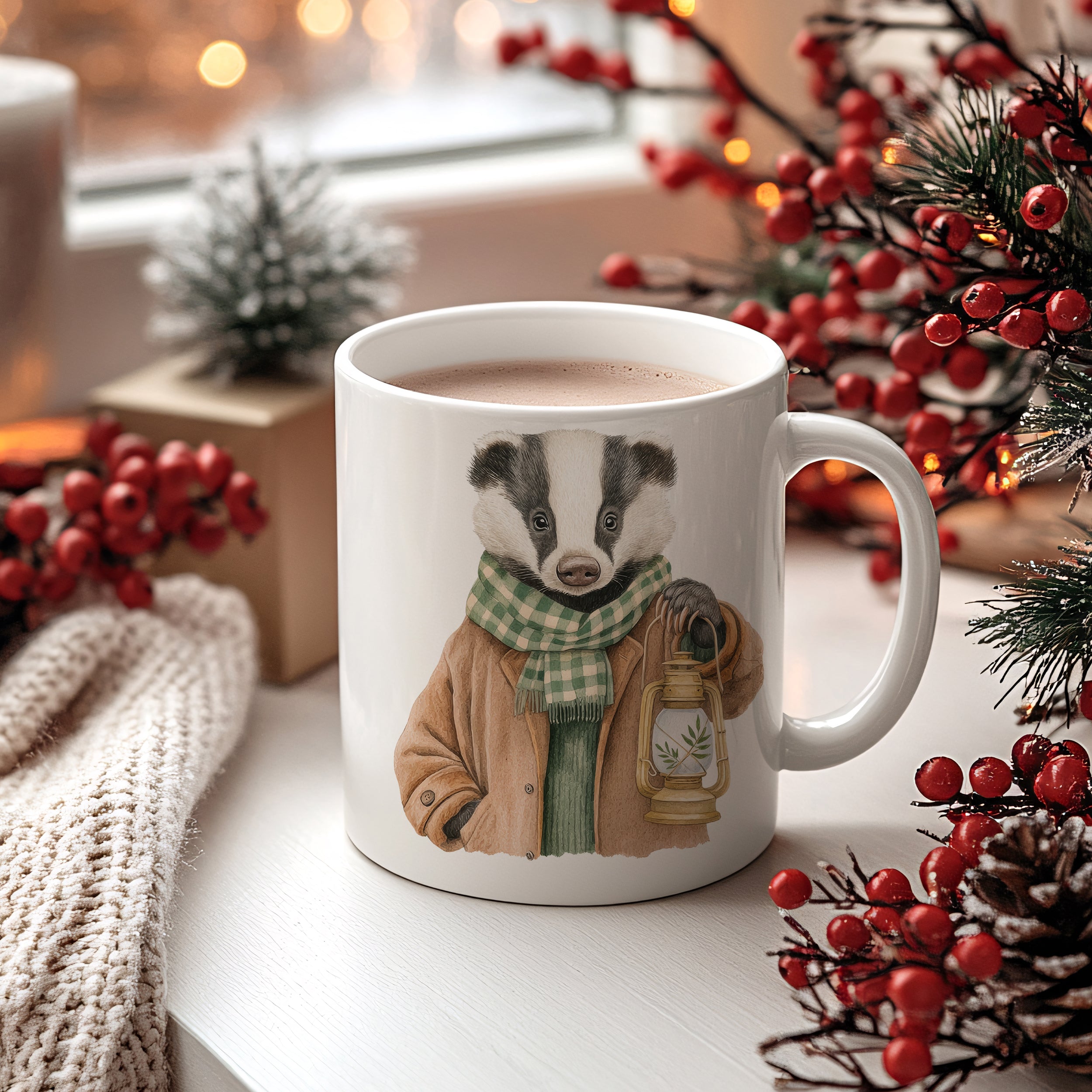 Tasse mit einem Dachs in Winterkleidung und Laterne.