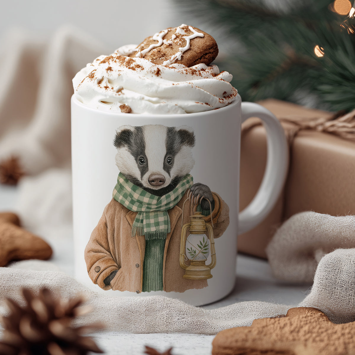 Tasse mit Dachs-Motiv, grüne Schals und Keks.