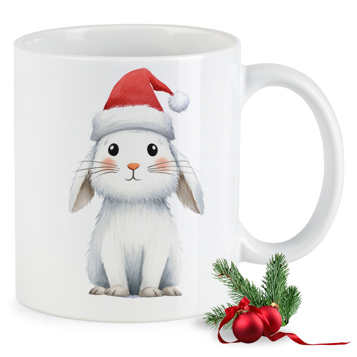 Weißer Becher mit niedlichem Weihnachtskaninchen und rotem Hut.