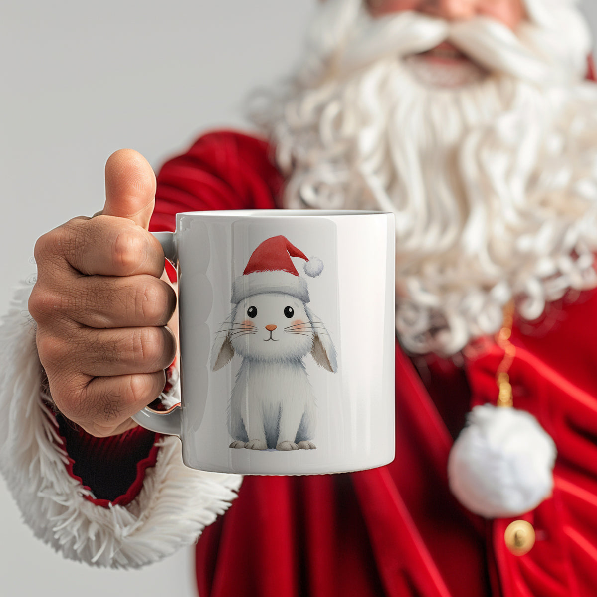 Tasse mit niedlichem Hasen im Weihnachtsmütze-Design.