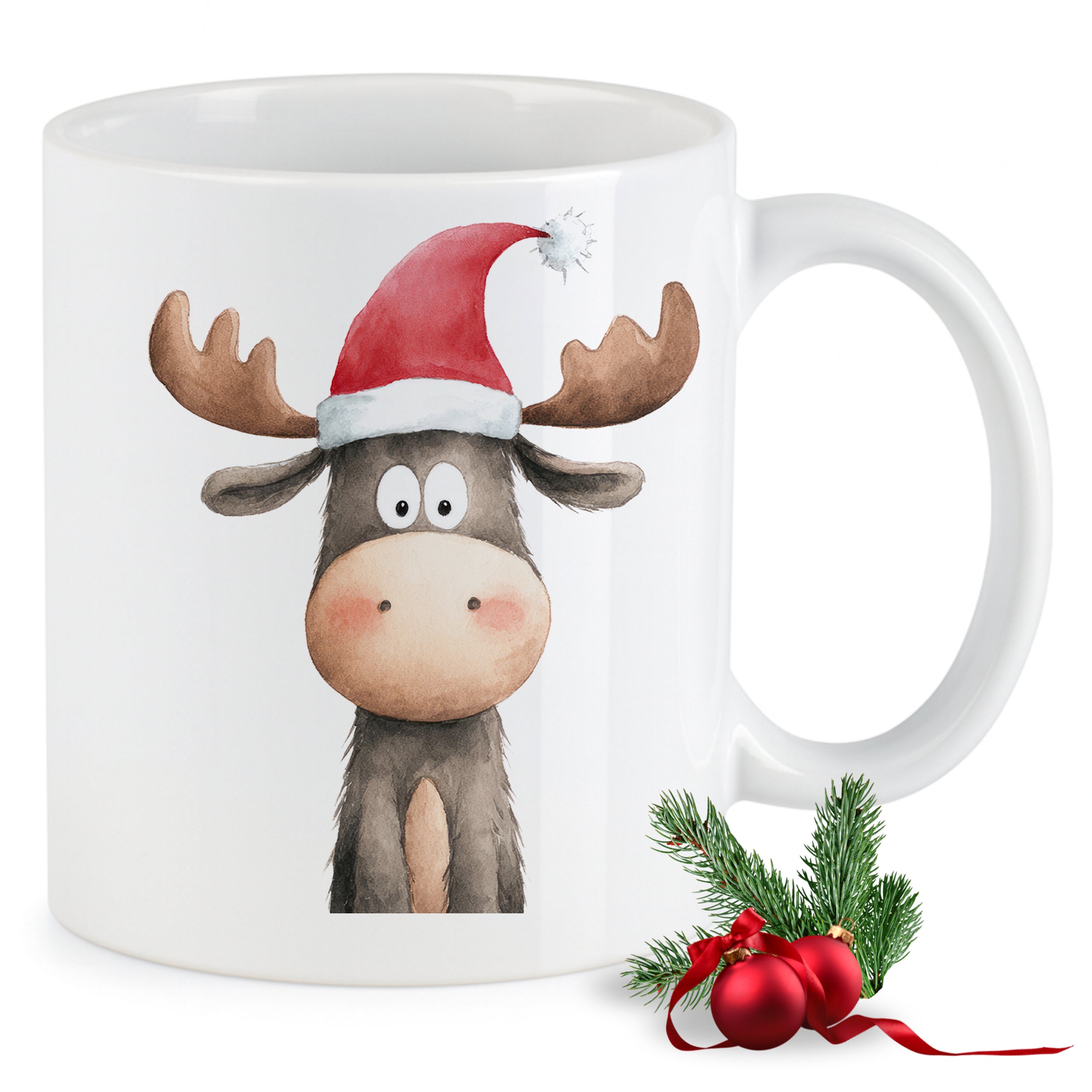 Weißer Becher mit Rentier im Weihnachtsmann-Hut.