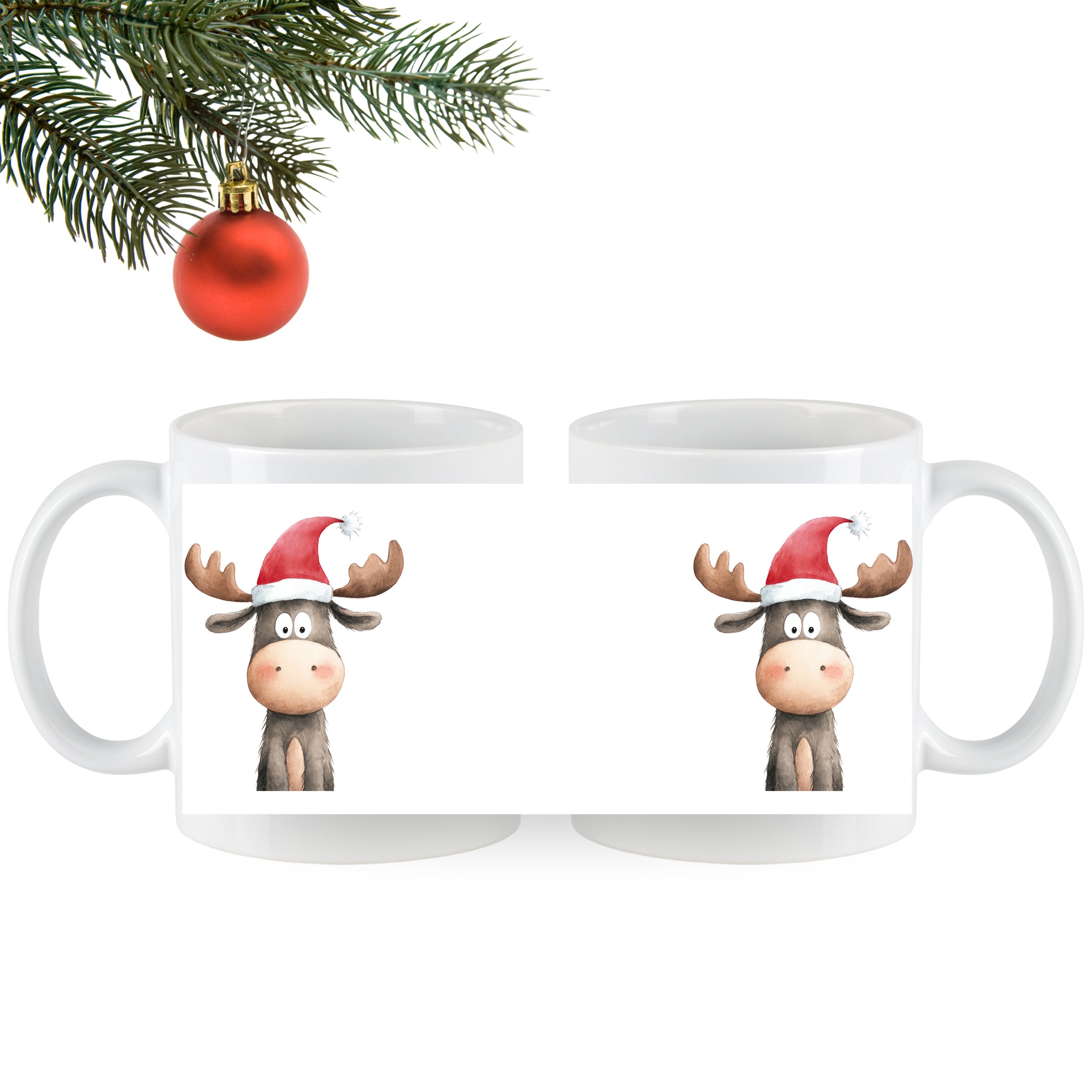 Weiße Tasse mit Weihnachtsrentier und rotem Hut.