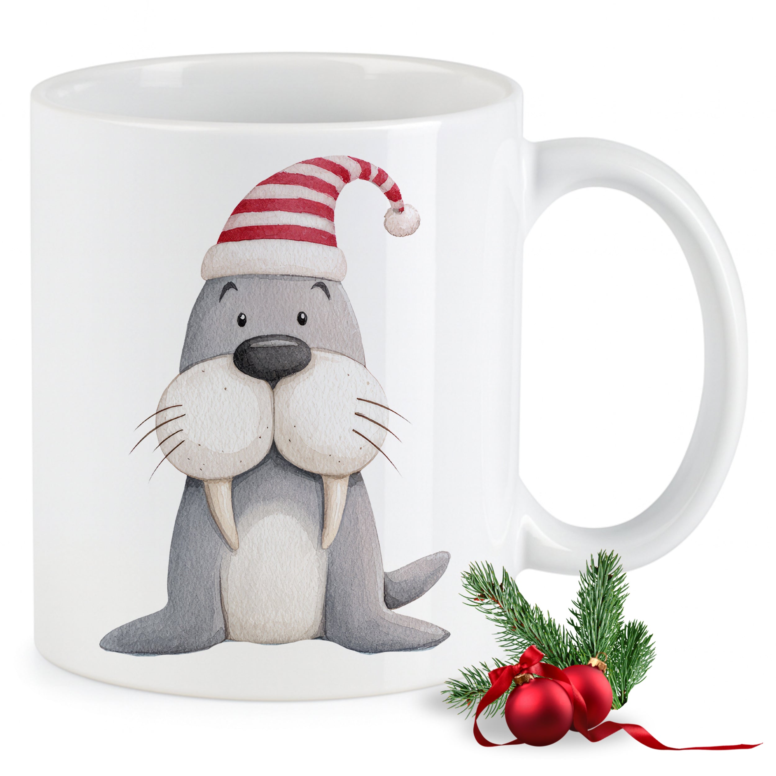 Tasse mit grauem Walross und rot-weißem Weihnachtsmütze.