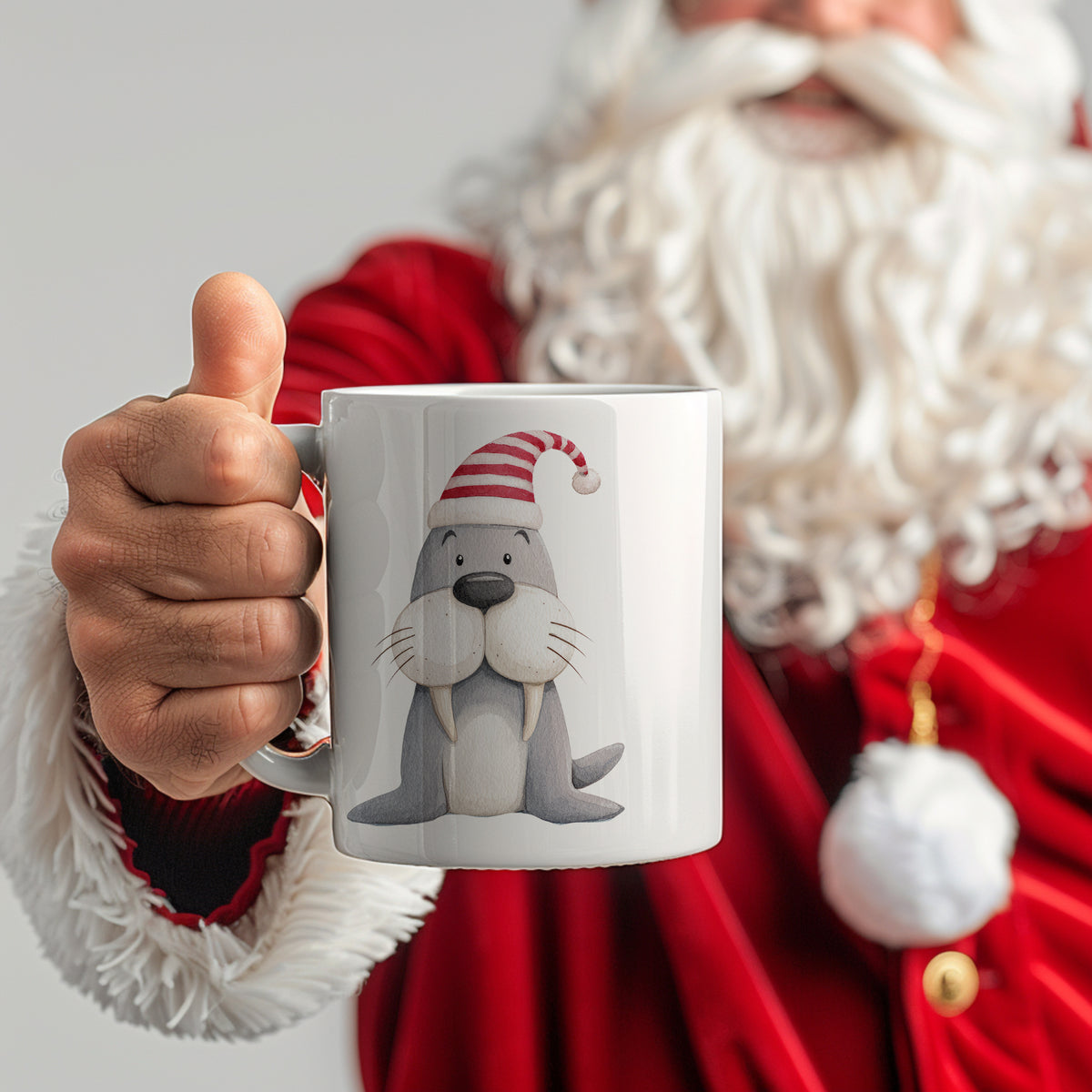 Tasse mit Walross-Motiv und rotem Weihnachtsmütze.