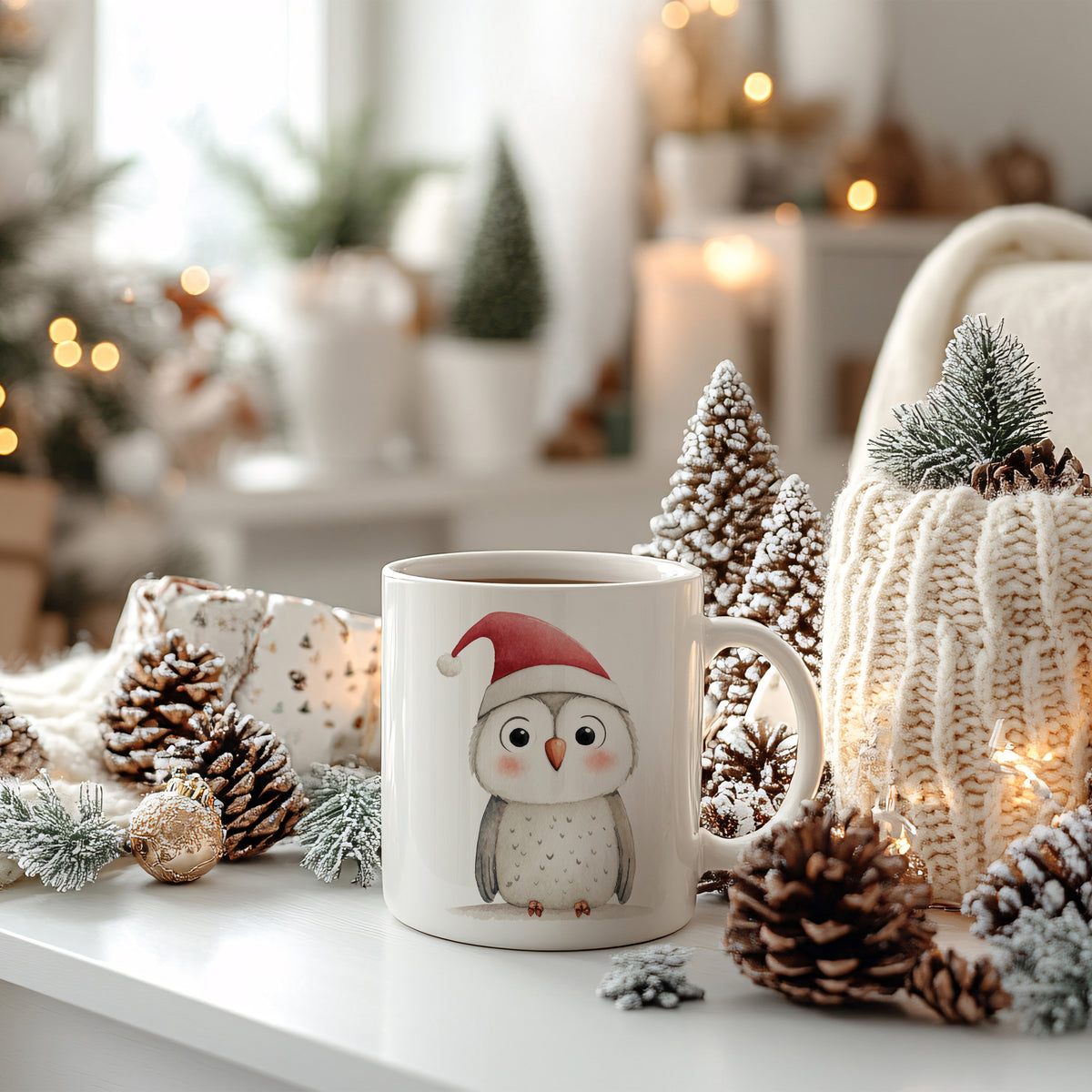 Tasse mit Eule und rotem Weihnachtsmütze, winterliche Dekoration.