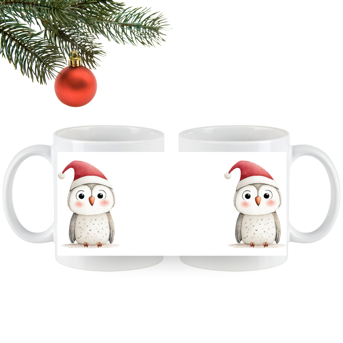 Tasse mit Weihnachts-Eule und rotem Hut, weiß.