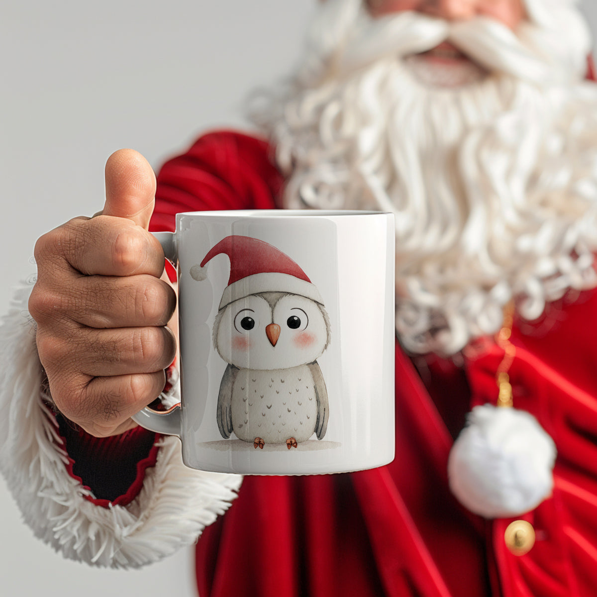 Tasse mit Eule im Weihnachtsmann-Hut, weiß.
