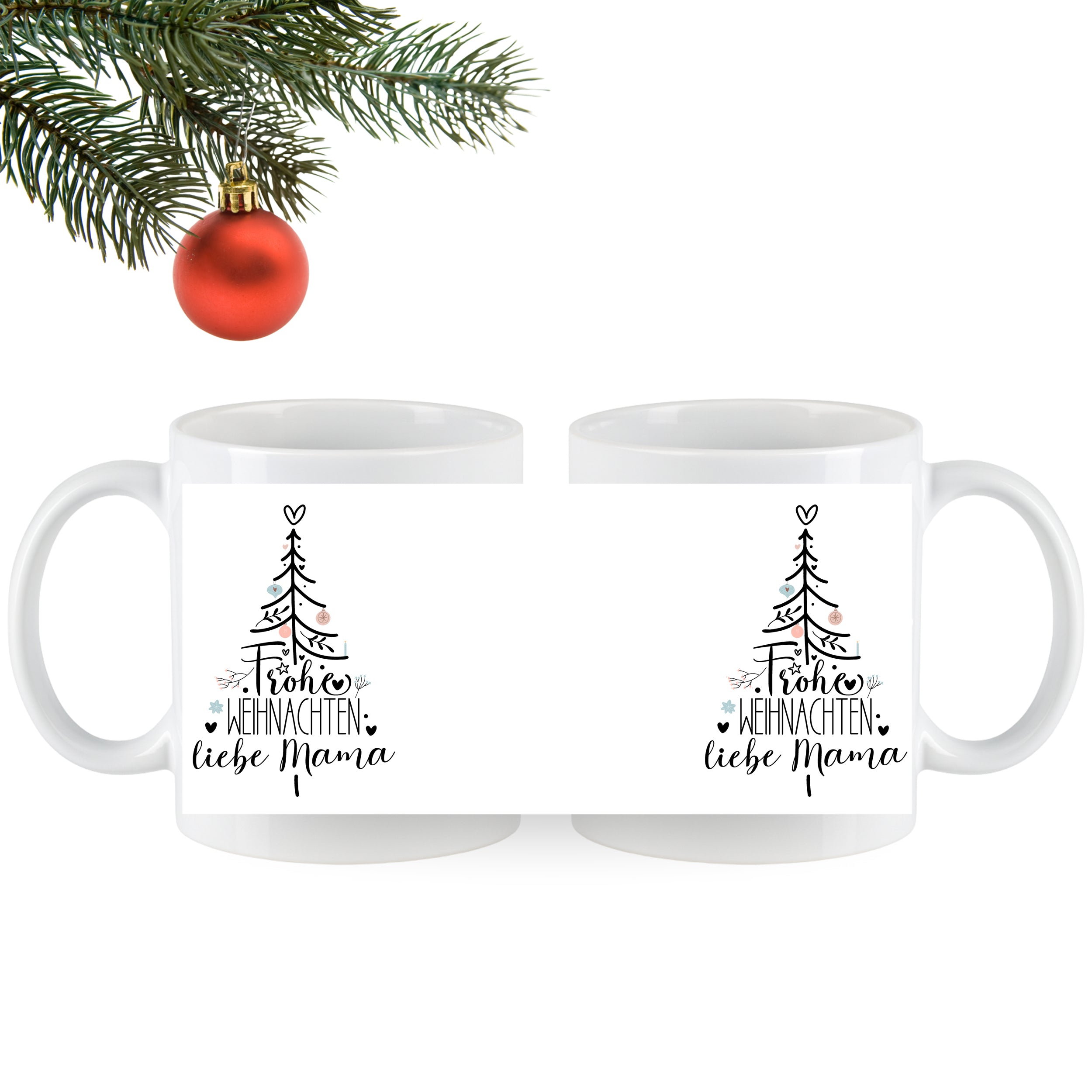 Weiße Tassen mit Weihnachtsbaum und "Frohe Weihnachten, liebe Mama"