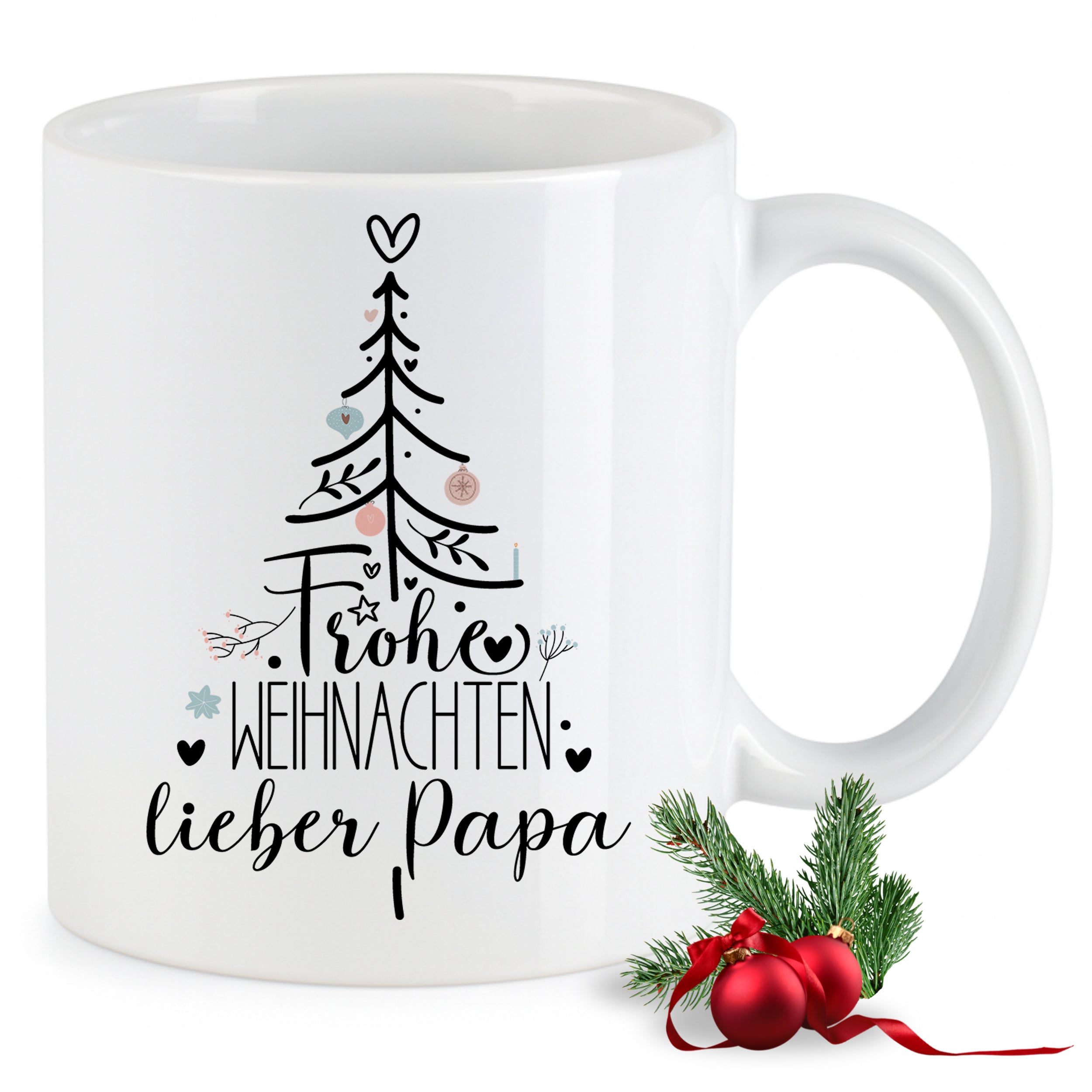 Weiße Tasse mit Weihnachtsbaum und „Frohe Weihnachten lieber Papa“