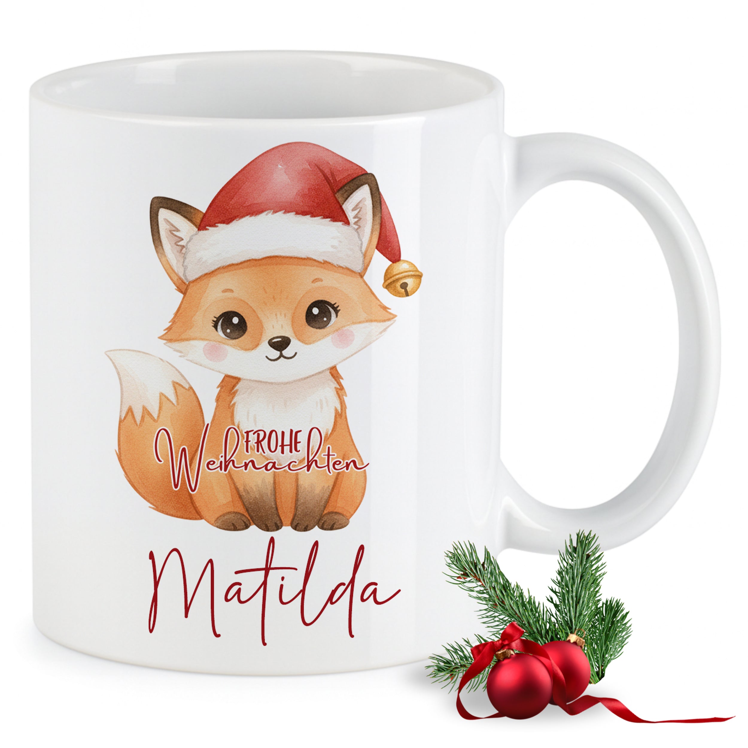 Weiße Tasse mit Fuchs und Weihnachtsmütze, personalisiert für Matilda.
