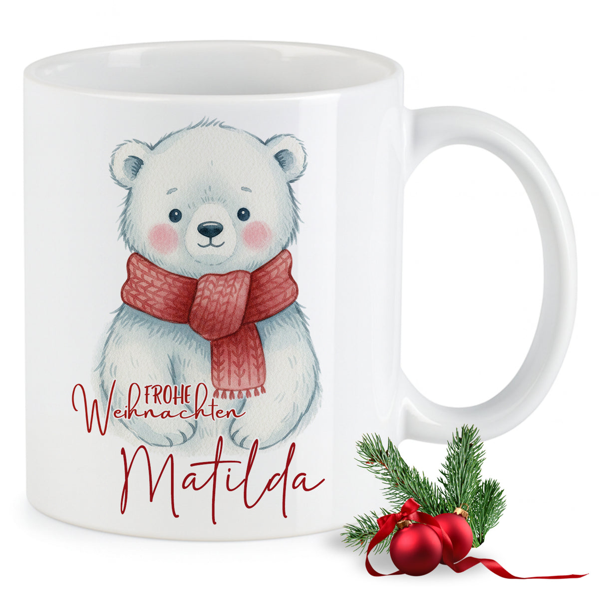 Weißer Becher mit Weihnachtsbär und rotem Schal.
