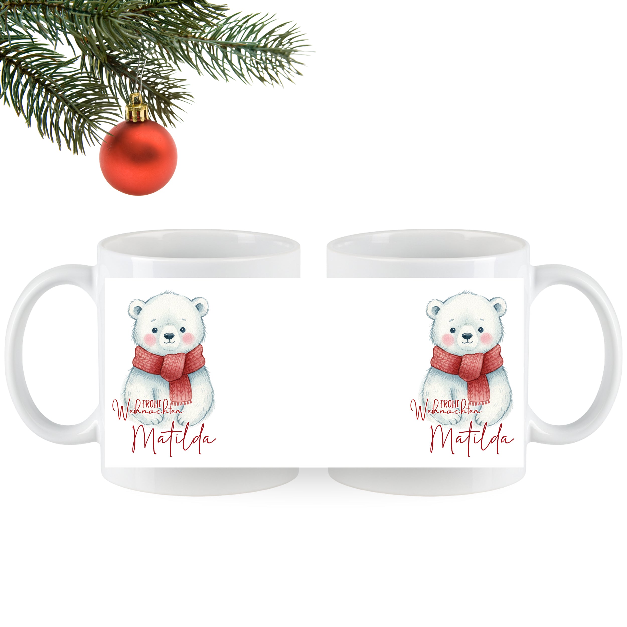 Weiße Tasse mit Eisbär und rotem Schal, personalisiert.