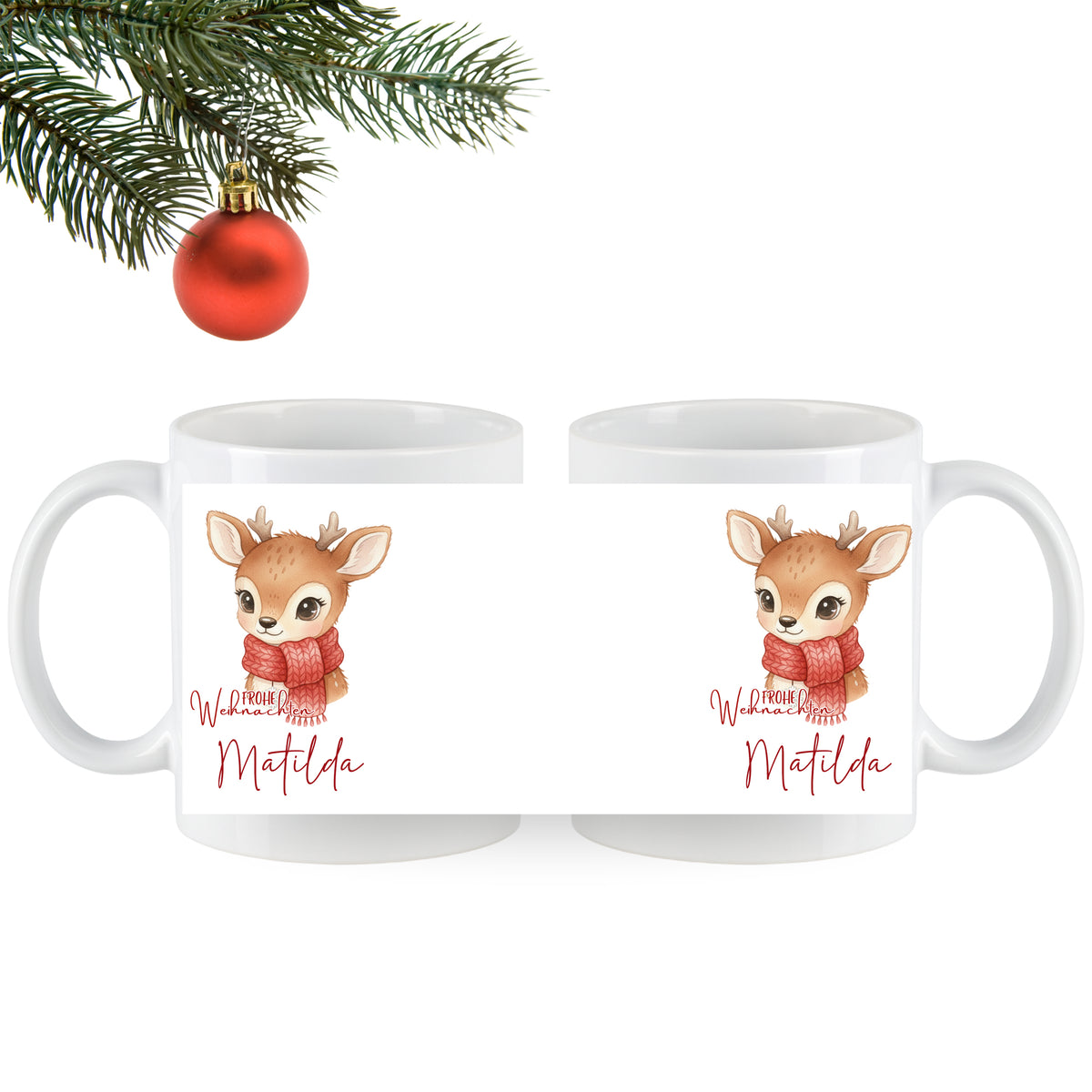 Tasse mit Reh-Motiv und rotem Schal, personalisiert mit "Matilda".
