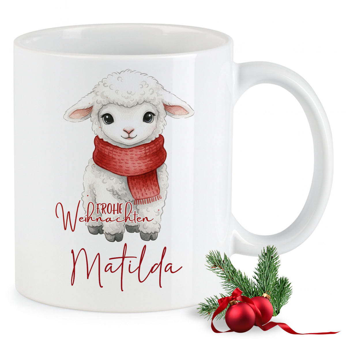 Weißer Becher mit Schaf-Motiv und rotem Schal.