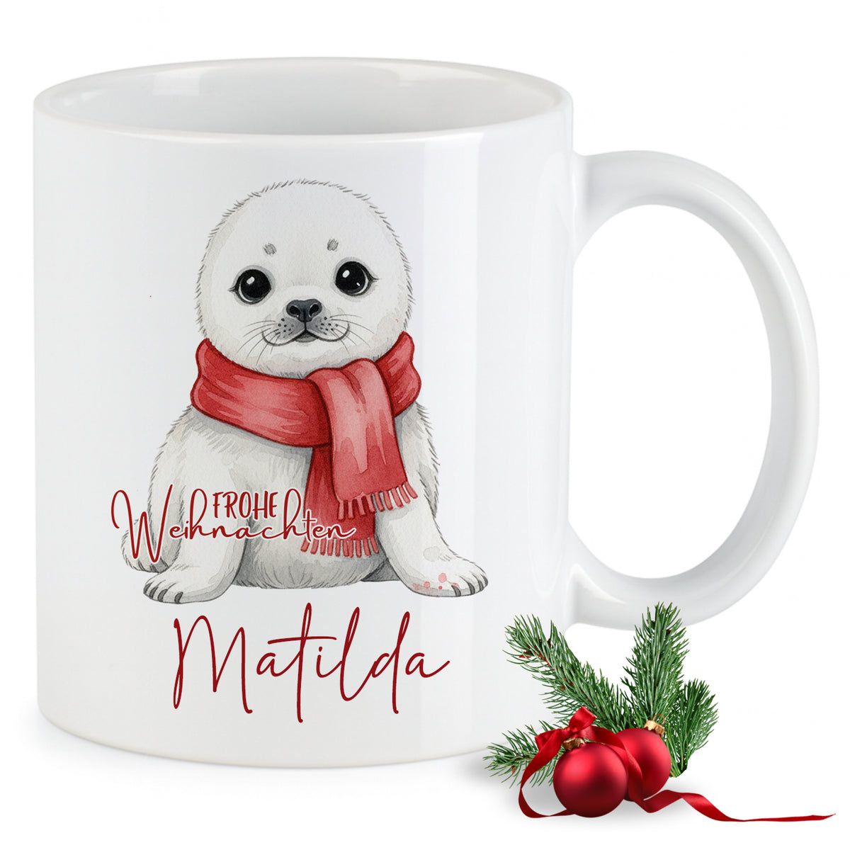 Weißer Becher mit Seelöwen-Motiv und rotem Schal.