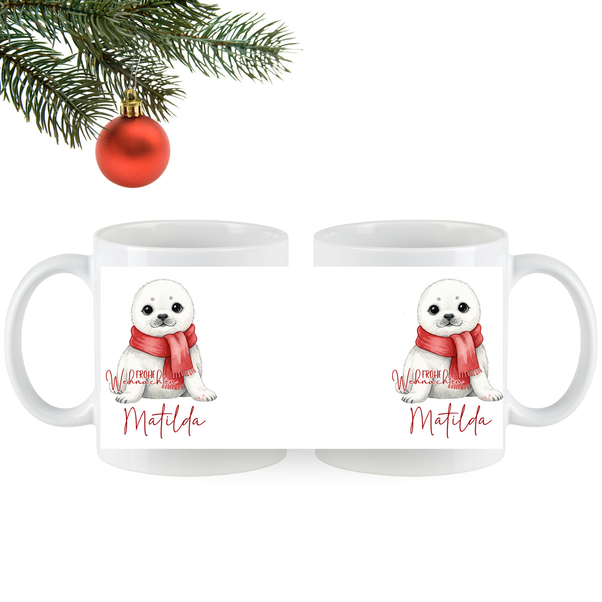 Tasse mit Robbe und rotem Schal, personalisiert mit "Matilda".