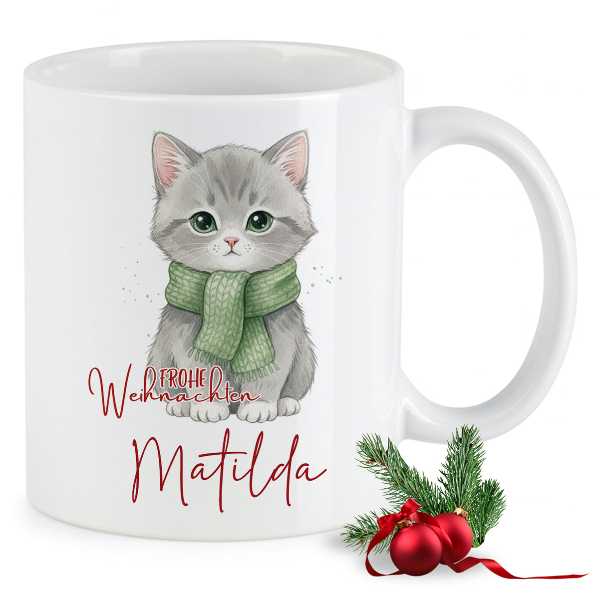 Tasse mit grauem Kätzchen und Weihnachtsgruß.