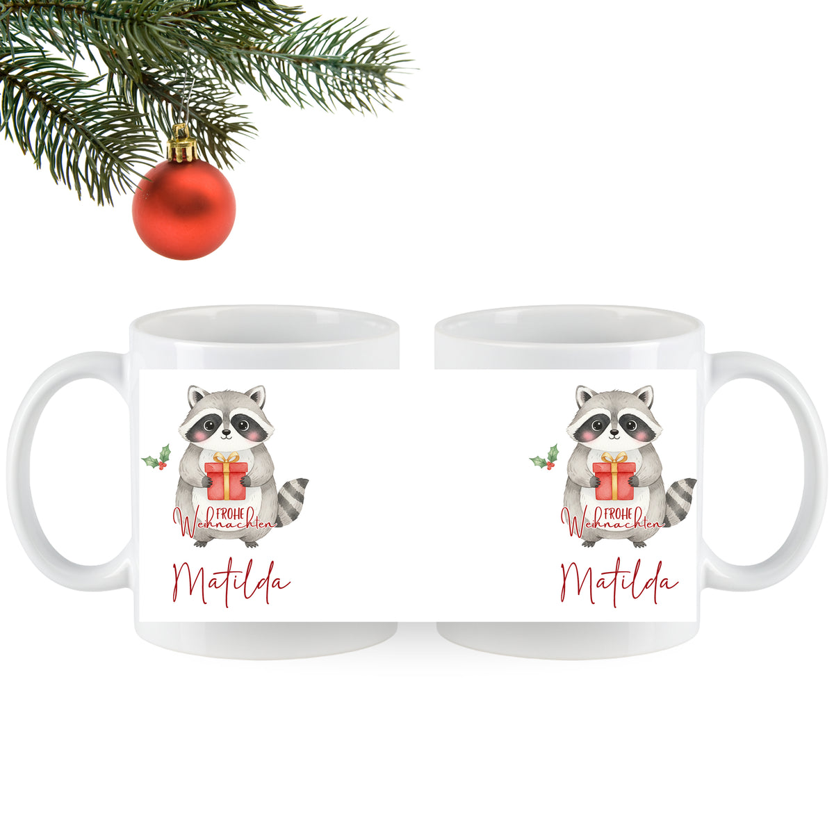 Weiße Tasse mit Waschbär und Geschenk, personalisiert für Matilda.