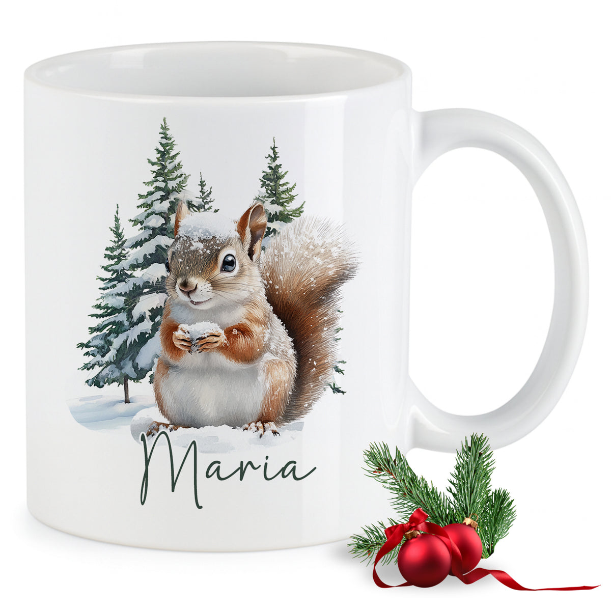 Weißer Becher mit Eichhörnchen und personalisiertem Namen Maria.