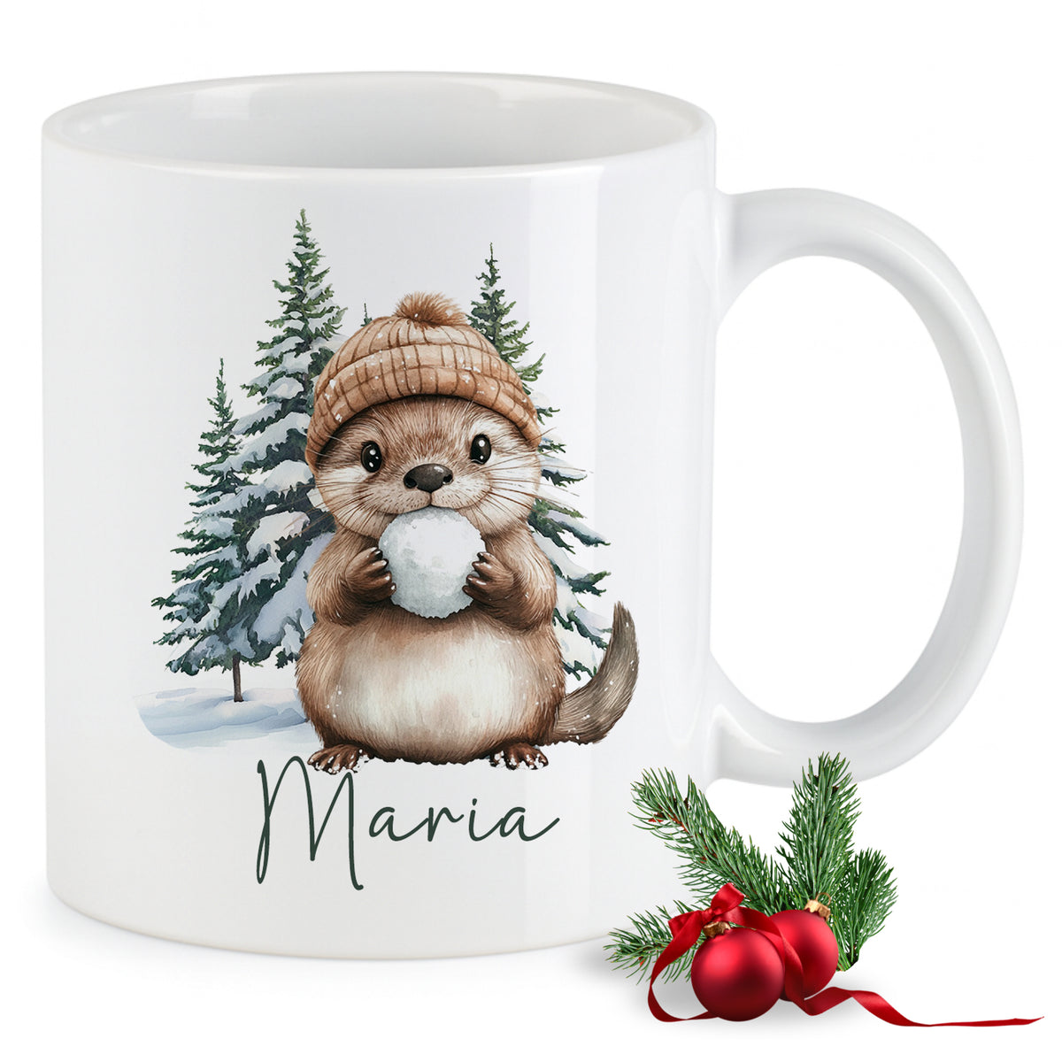 Weiße Tasse mit süßem Otter und Weihnachtsmotiv.