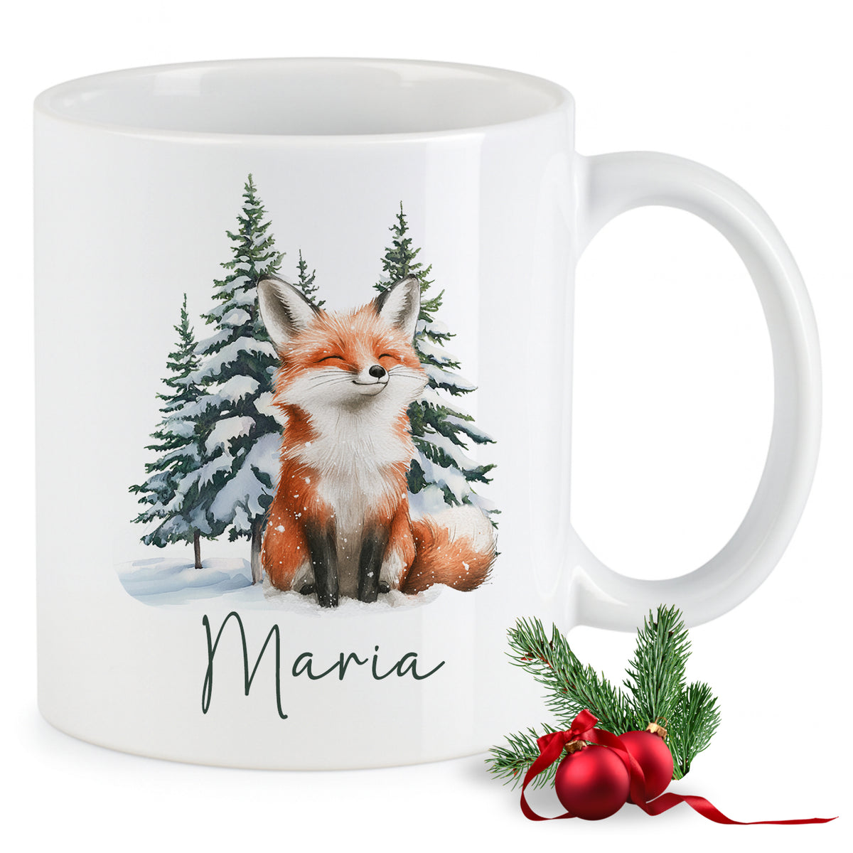 Weißer Becher mit rotem Fuchs und Weihnachtsbaum.
