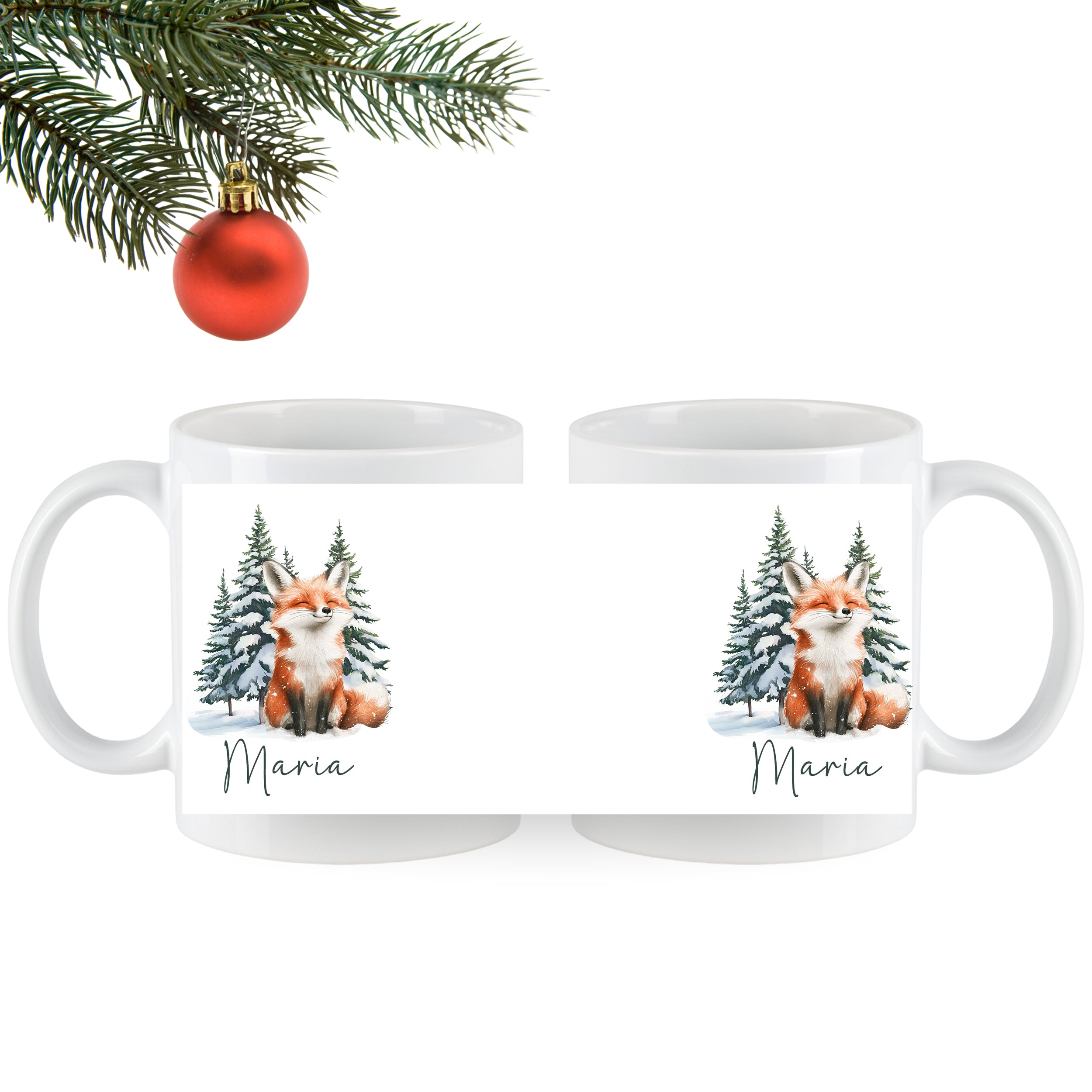 Weiße Tasse mit Fuchs-Motiv und Weihnachtsbaum.