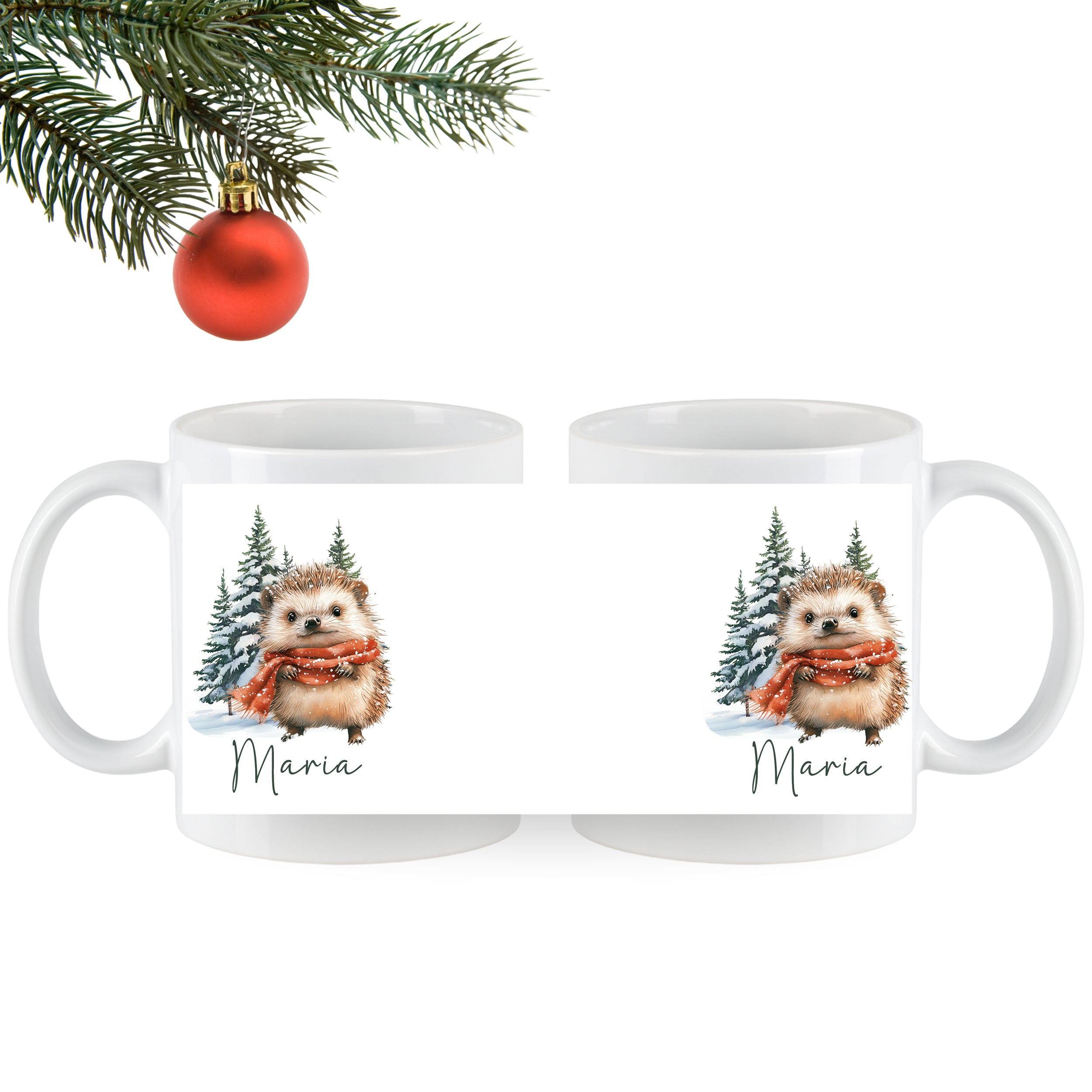 Weiße Tasse mit Igel-Design und rotem Schal.