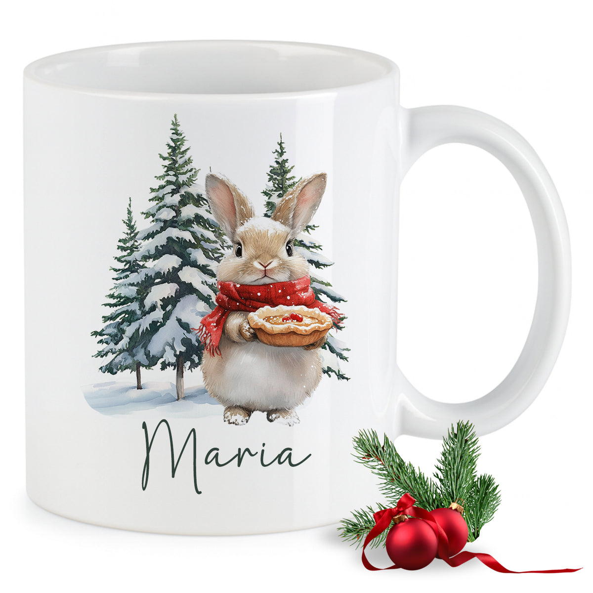 Weißer Becher mit einem Hasen und Weihnachtsbaum-Motiv.