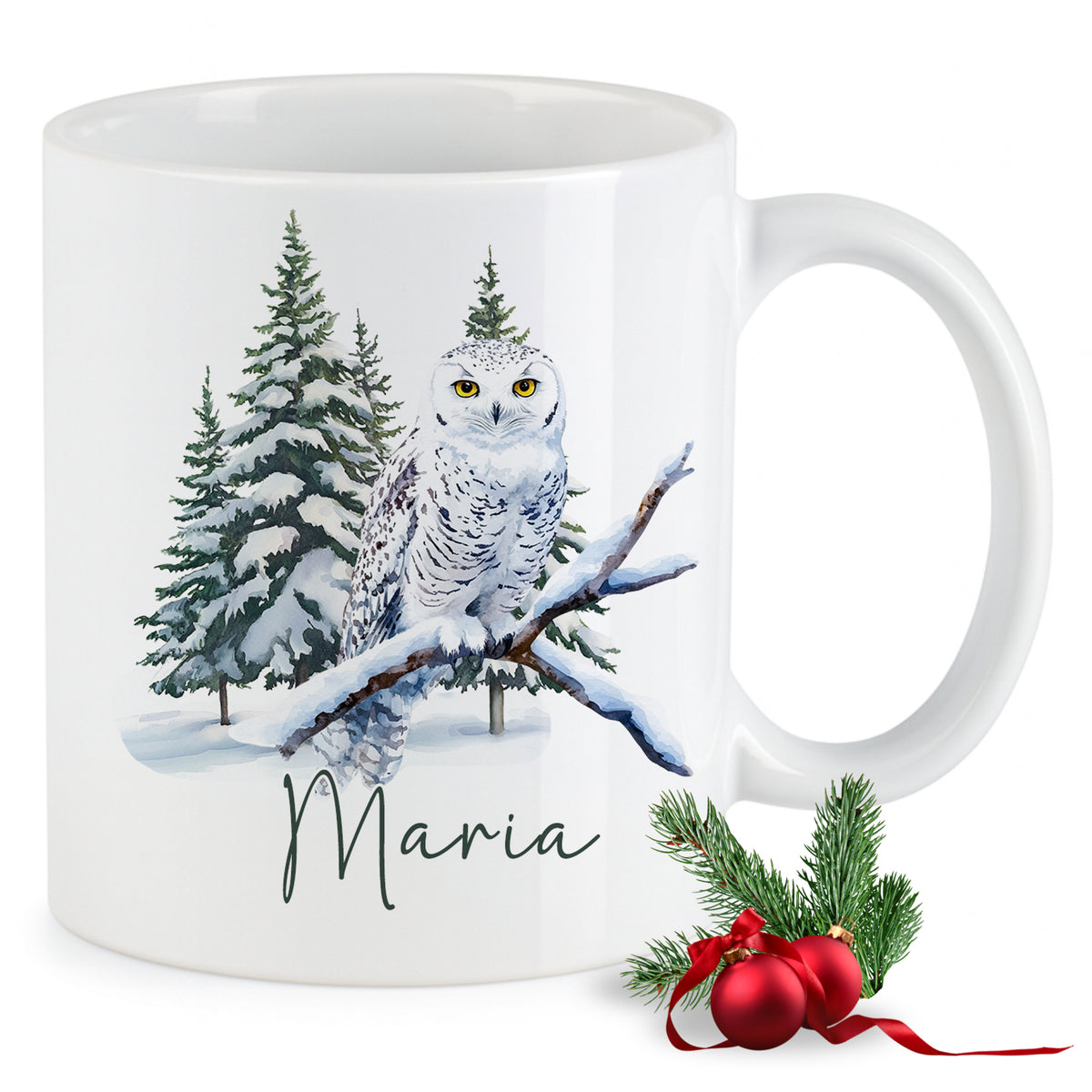 Weiße Tasse mit Schneeeule und personalisiertem Namen Maria.
