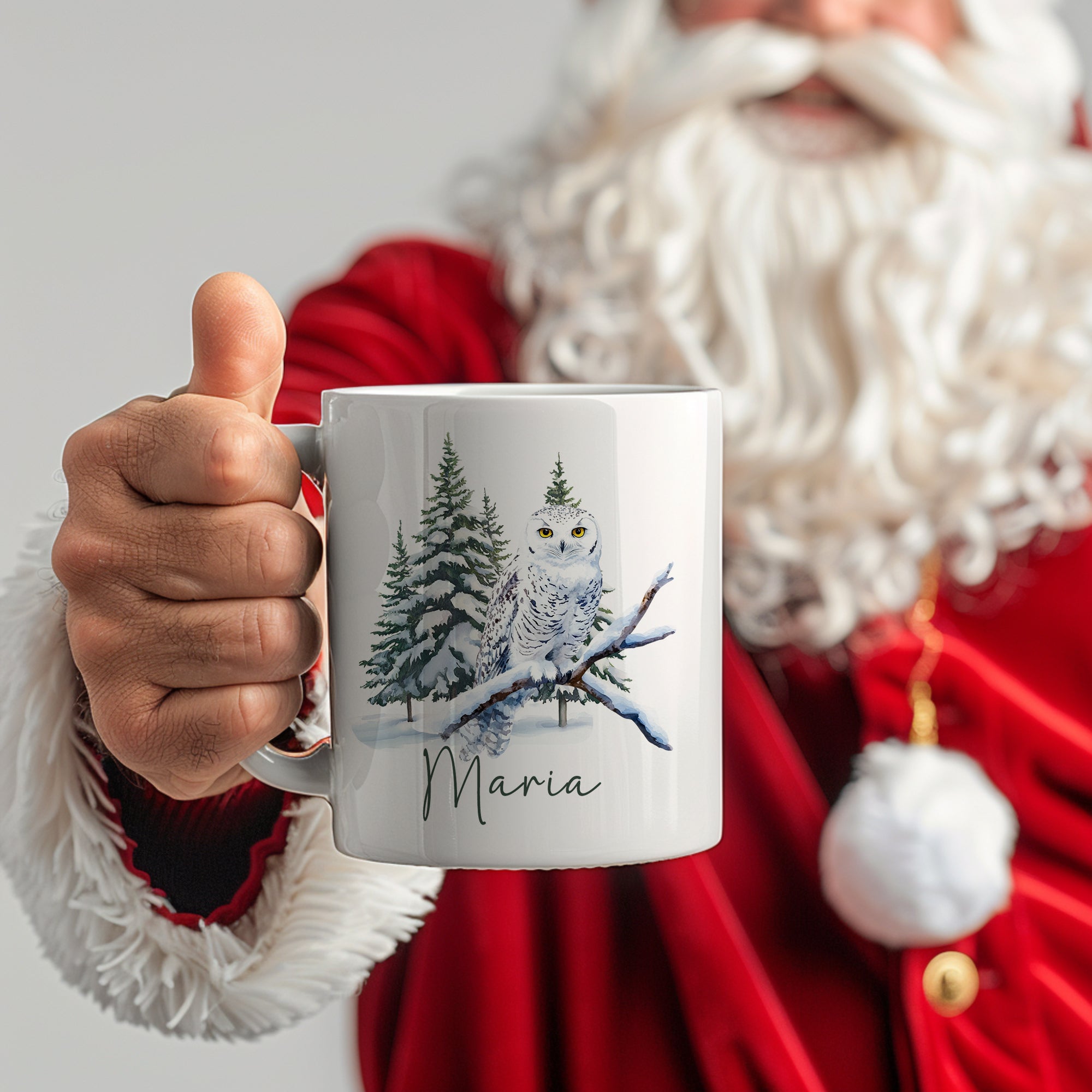 Weißer Becher mit Eule und personalisiertem Namen "Maria".