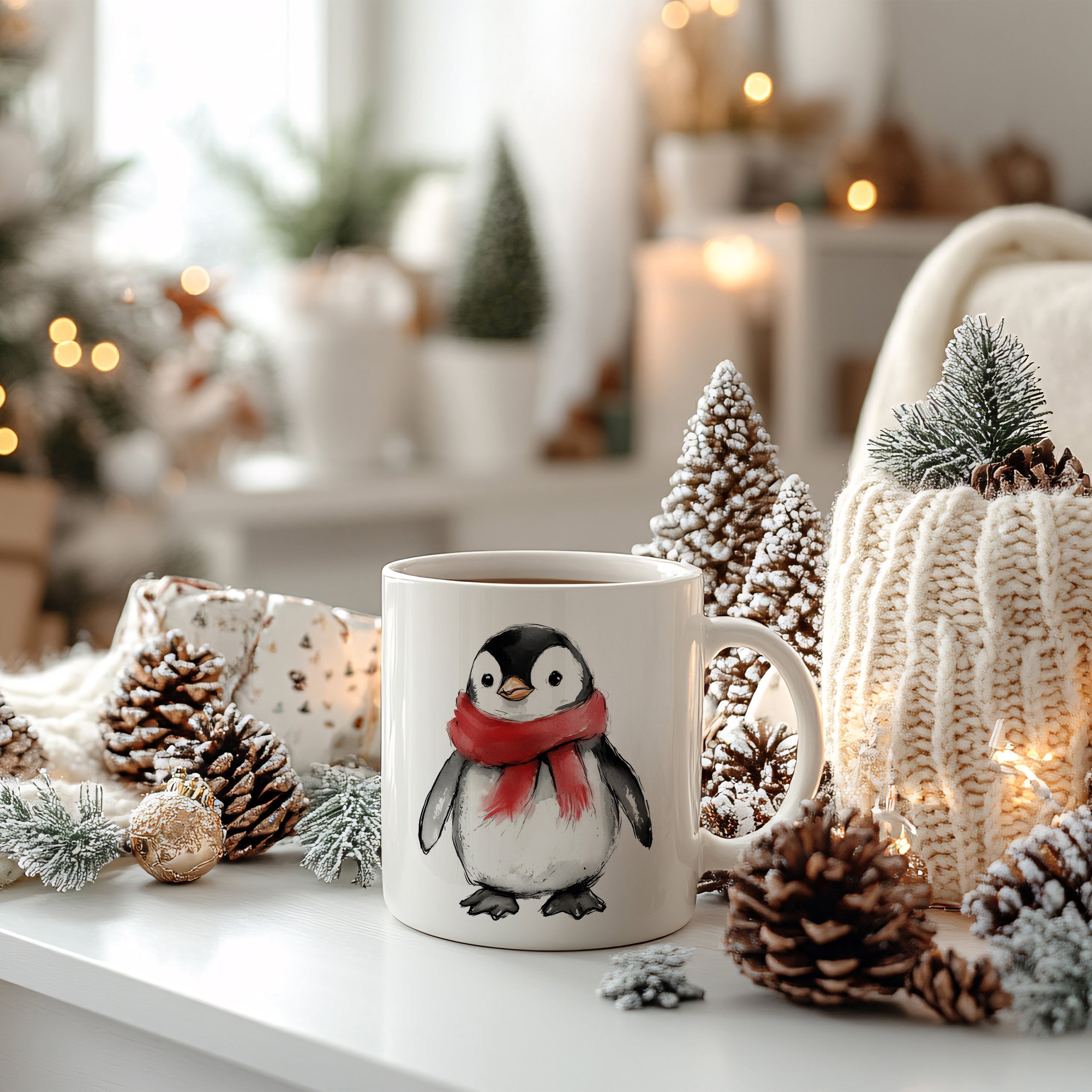 Tasse mit Pinguin-Motiv und rotem Schal, winterliche Dekoration.