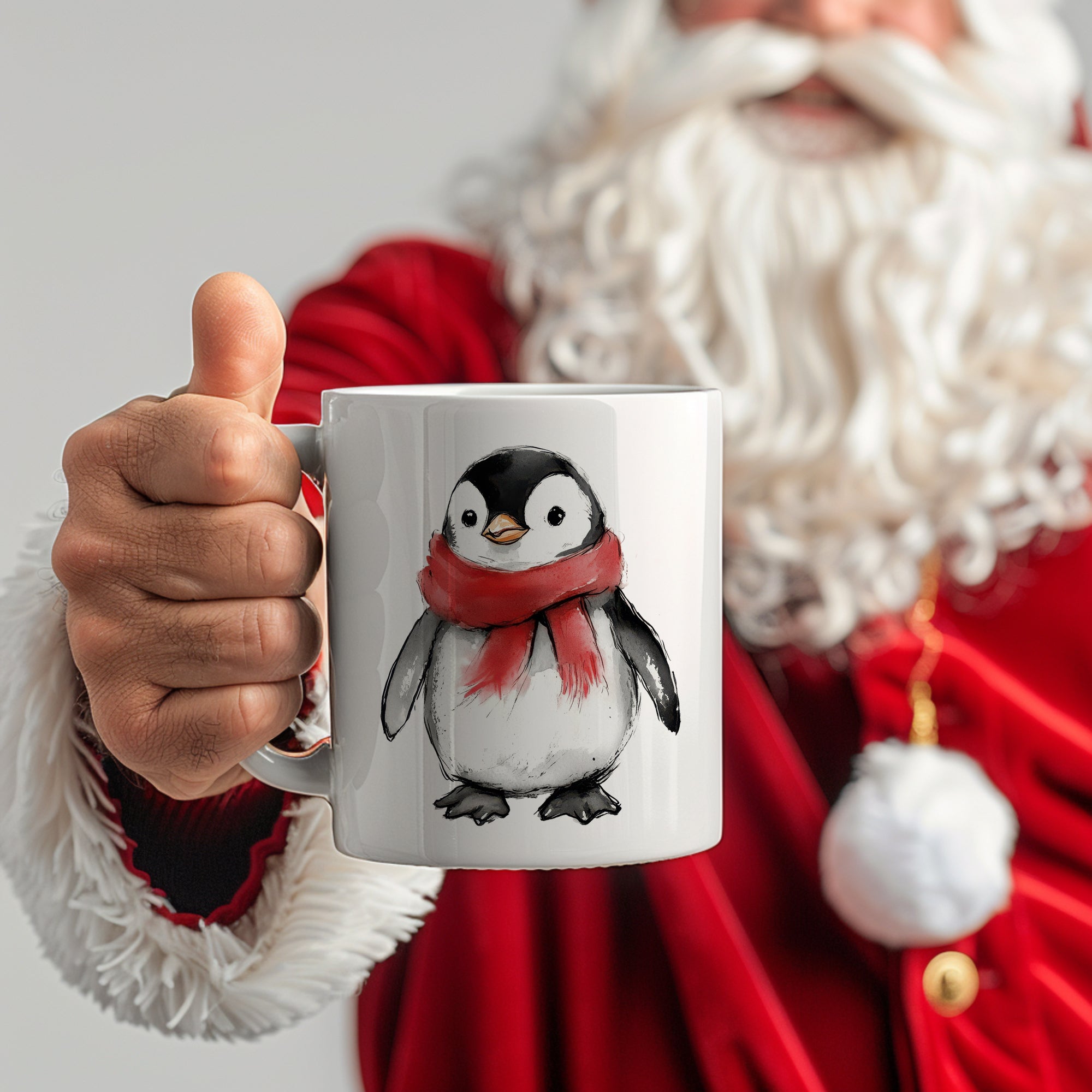 Weißer Becher mit Pinguin und rotem Schal.