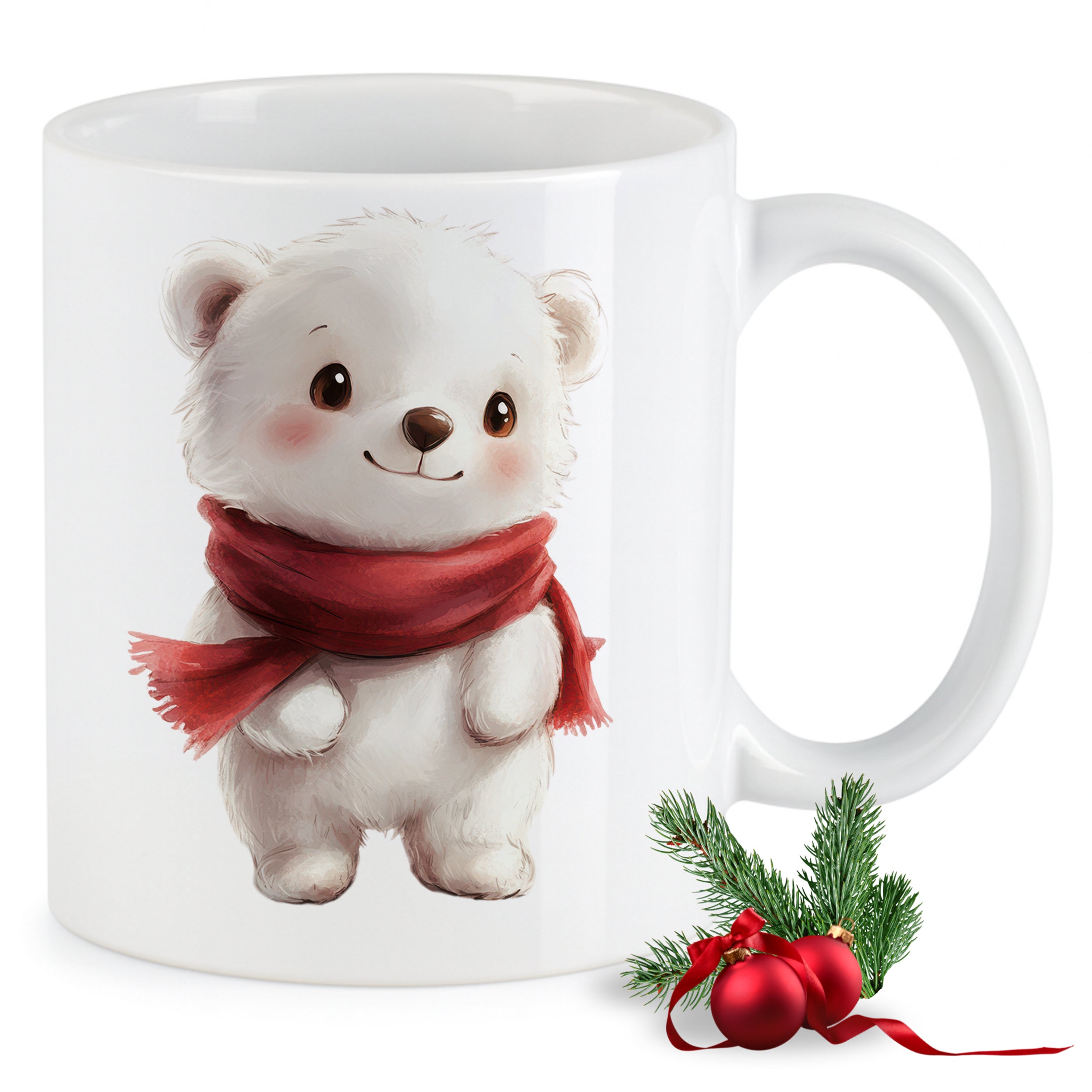 Tasse mit niedlichem Eisbären und rotem Schal.