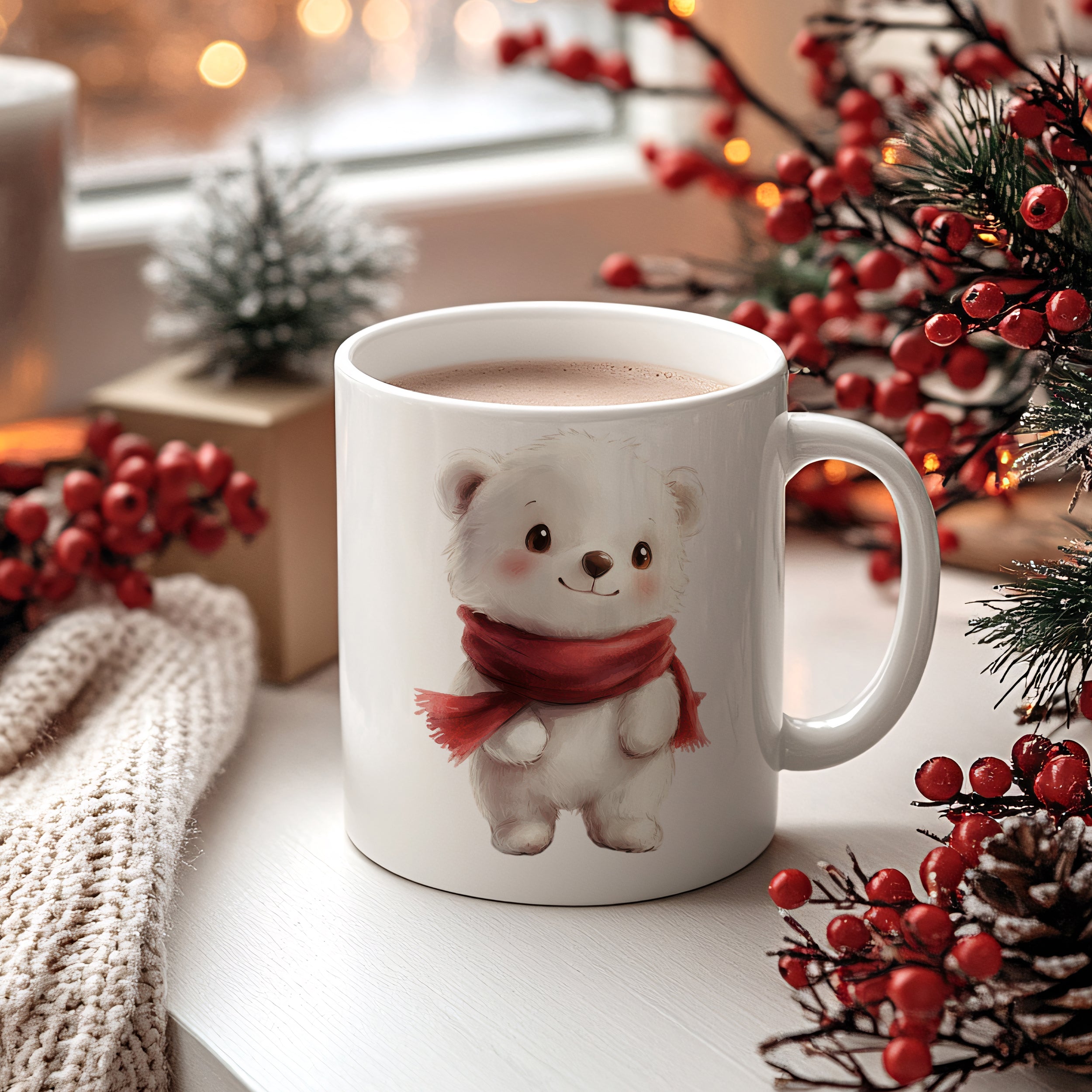 Weißer Tasse mit niedlichem Bären und rotem Schal.
