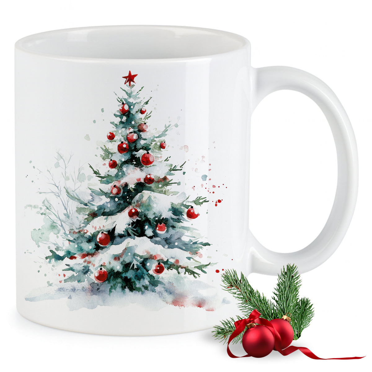 Weißer Becher mit Weihnachtsbaum und roten Kugeln.