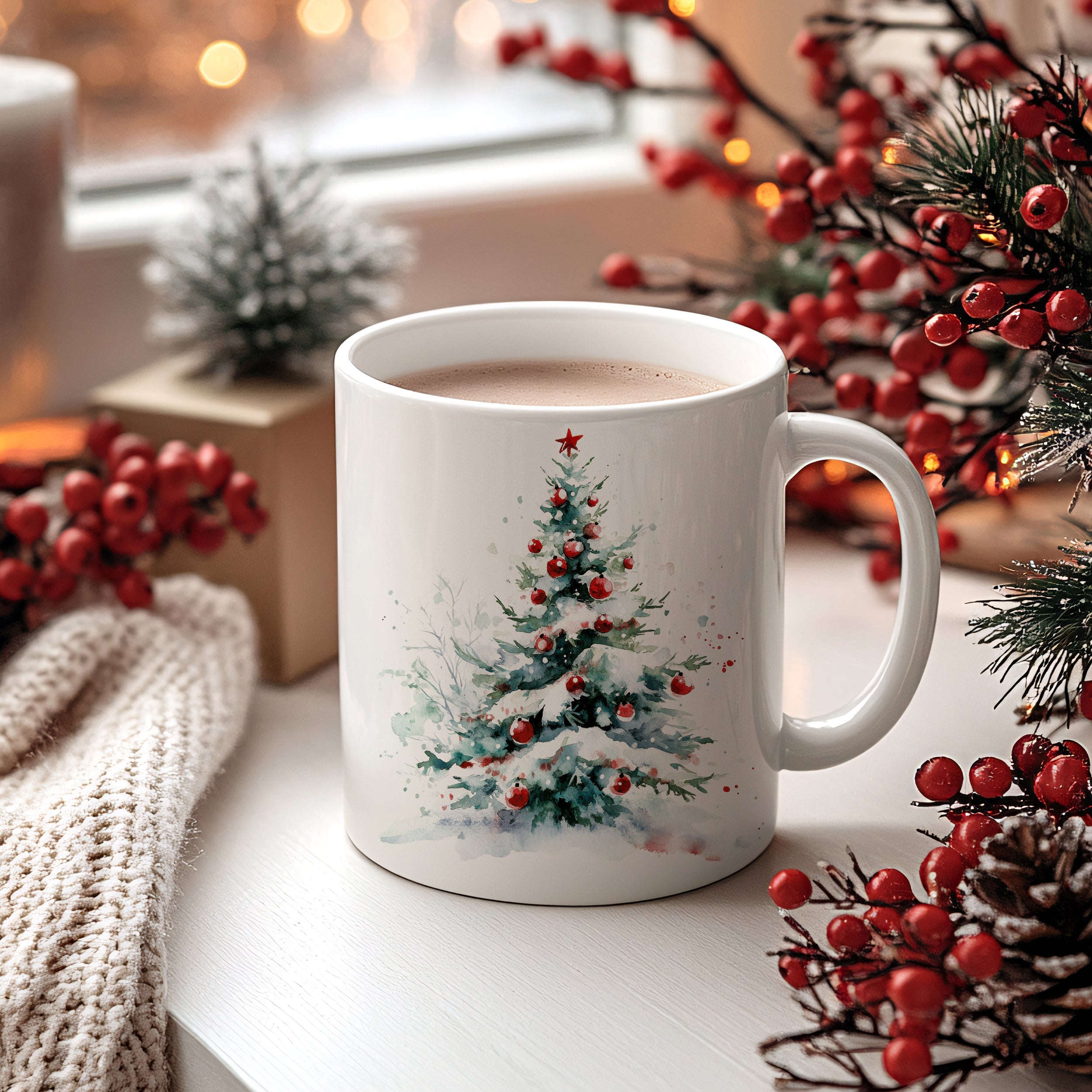 Weißer Becher mit Weihnachtsbaum-Motiv und roten Kugeln.