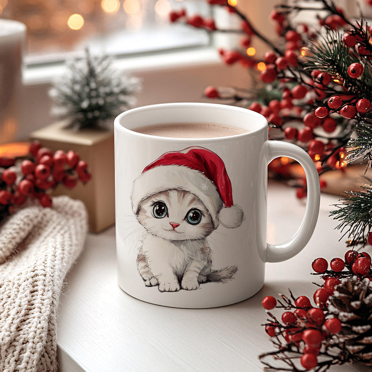 Kaffeetasse mit niedlichem Kätzchen und rotem Weihnachtsmütze.