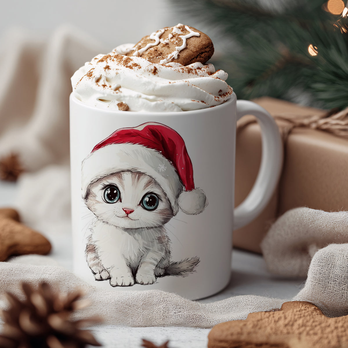 Kaffeetasse mit niedlichem Kätzchen im Weihnachtsmütze.