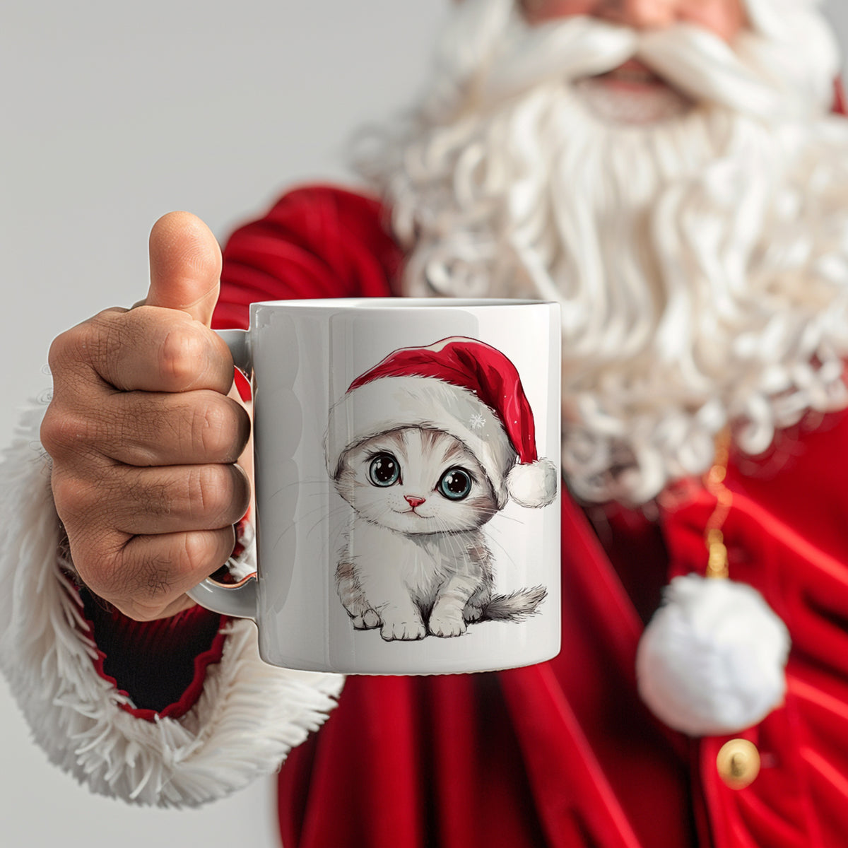Tasse mit niedlichem Kätzchen und rotem Weihnachtsmütze.