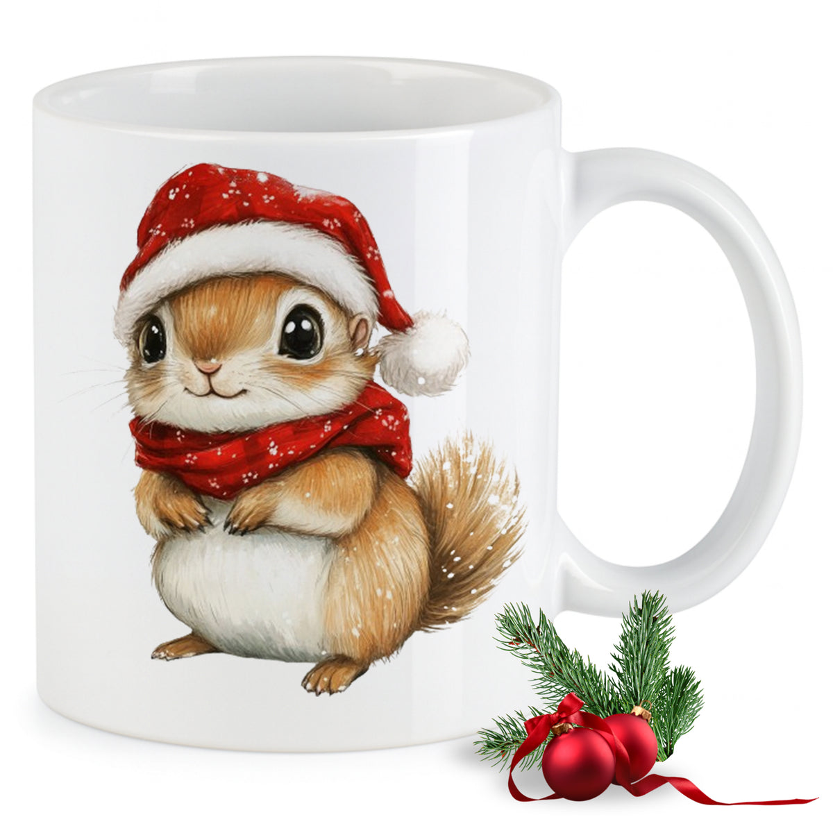 Weißer Becher mit niedlichem Eichhörnchen im Weihnachtsmann-Hut.