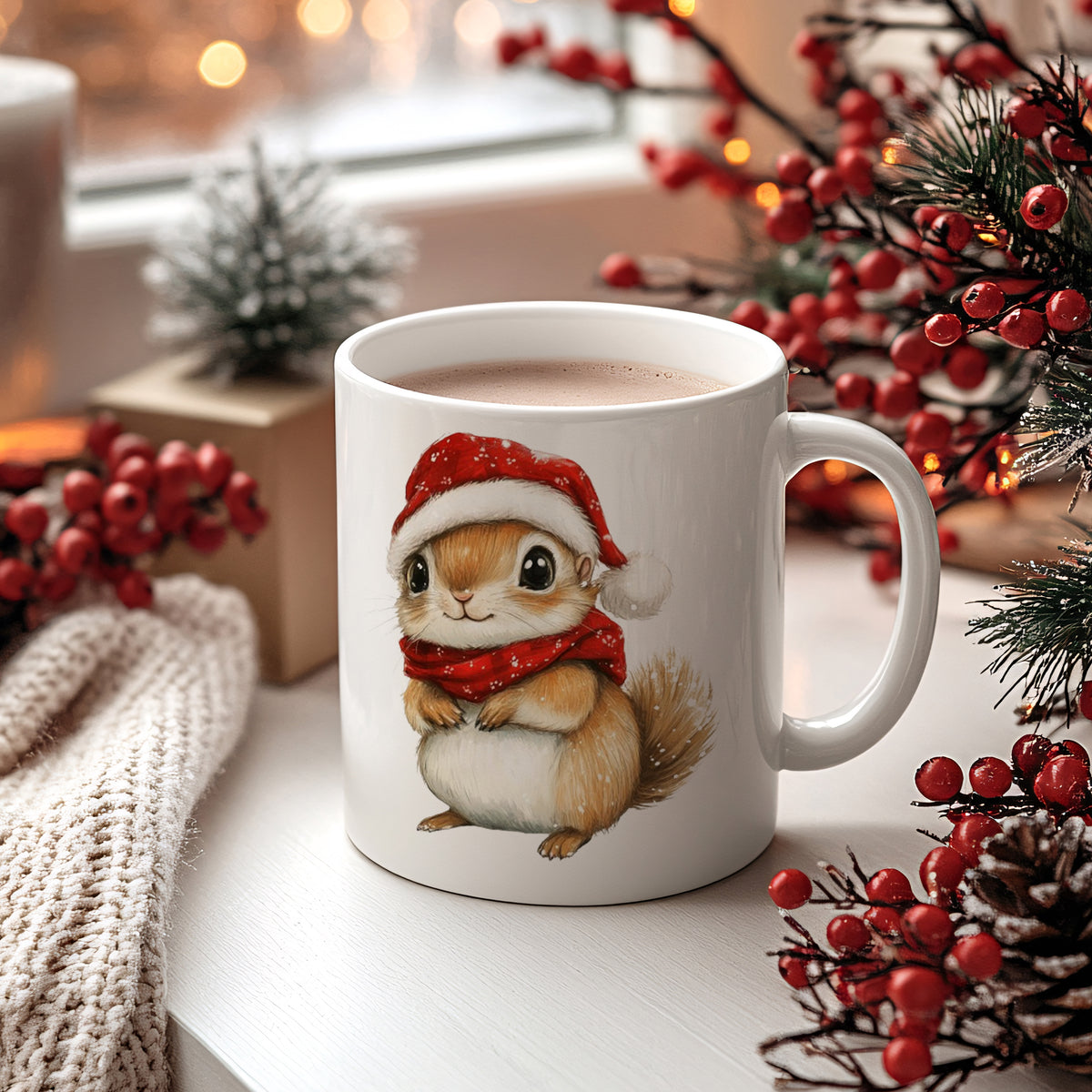 Kaffeetasse mit niedlichem Eichhörnchen im Weihnachtsmütze.
