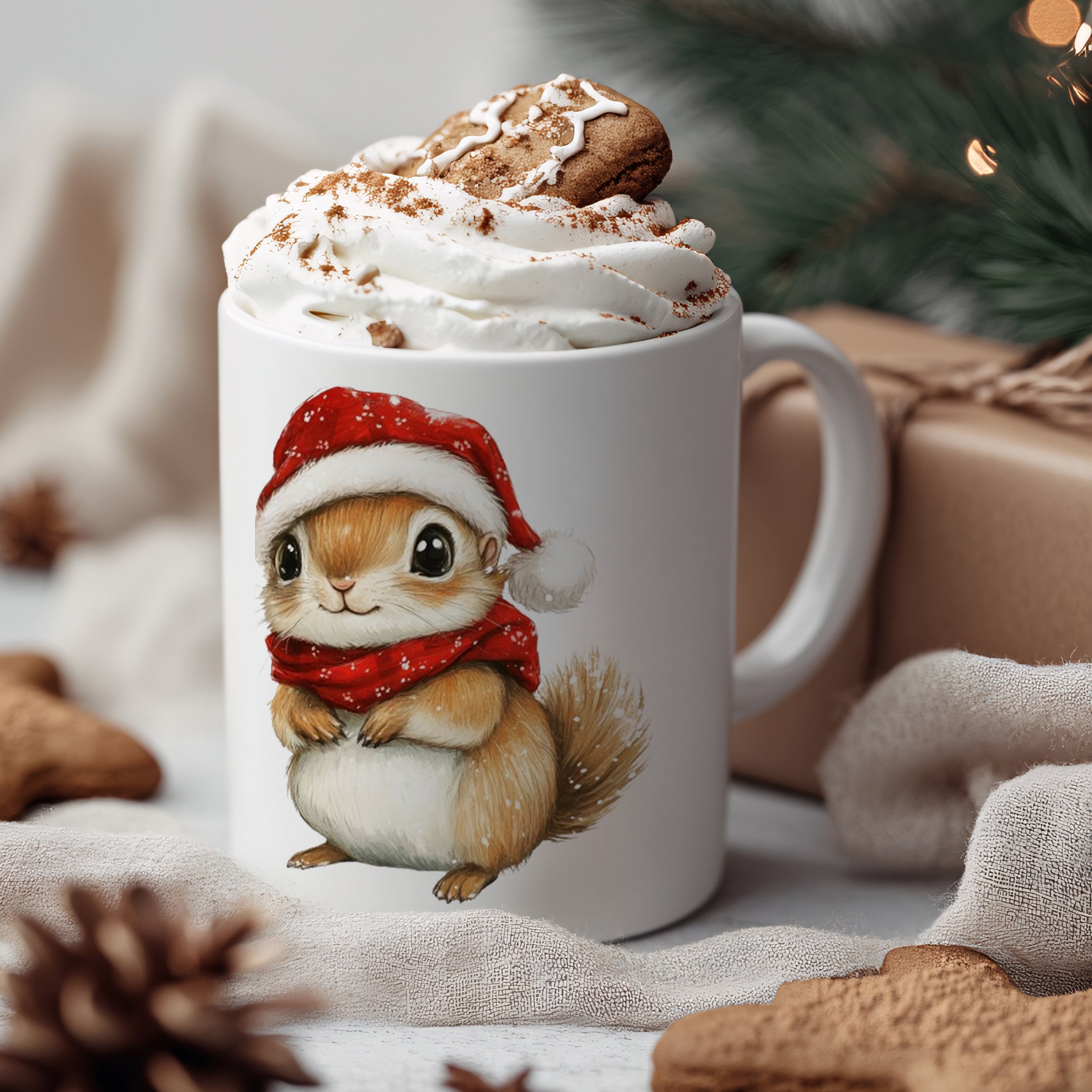 Weißer Becher mit Eichhörnchen im Weihnachtslook.