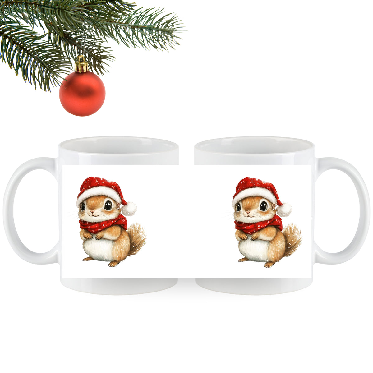 Tasse mit niedlichem Eichhörnchen im Weihnachtsmann-Outfit.