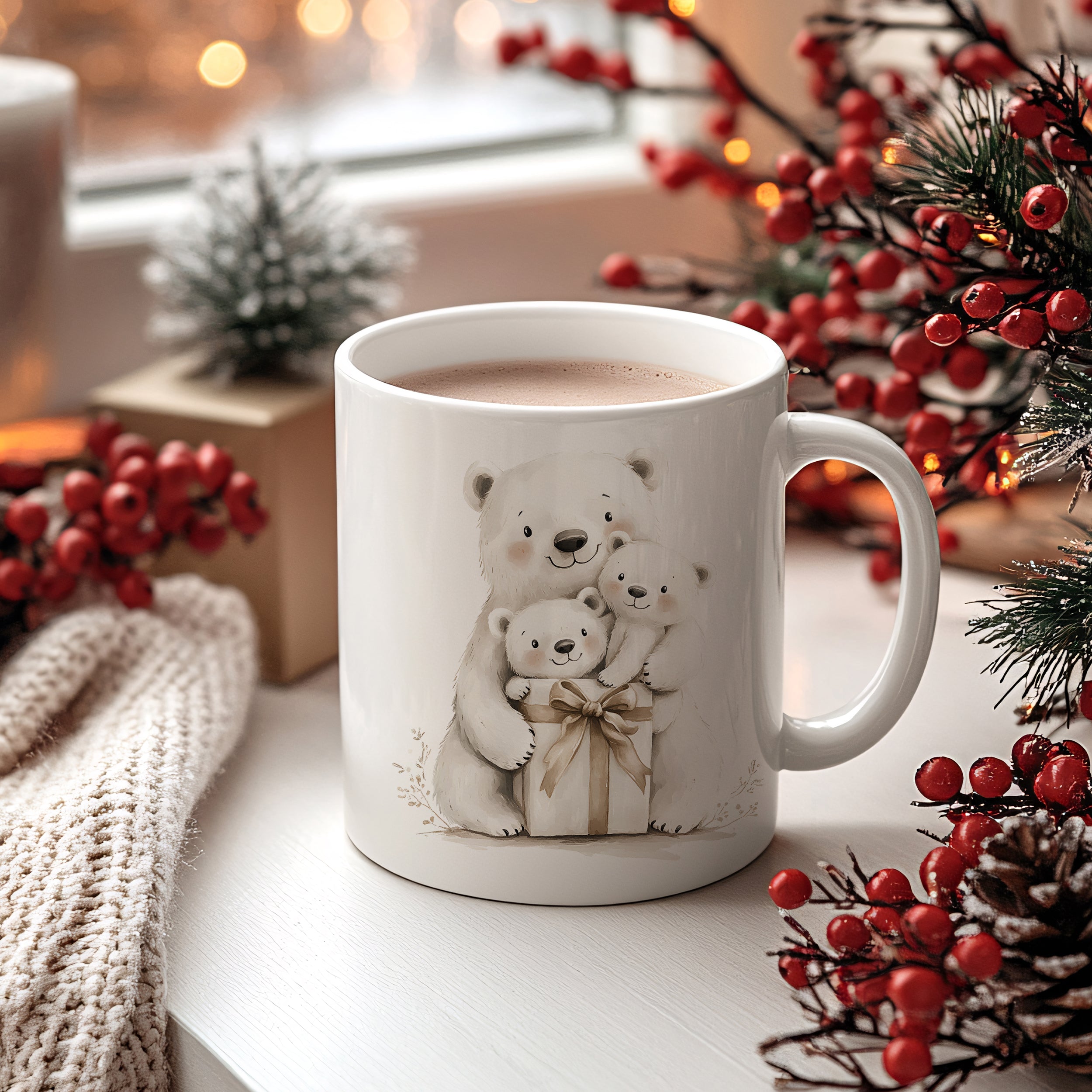 Weißer Becher mit Bärenmotiven und heißem Getränk.