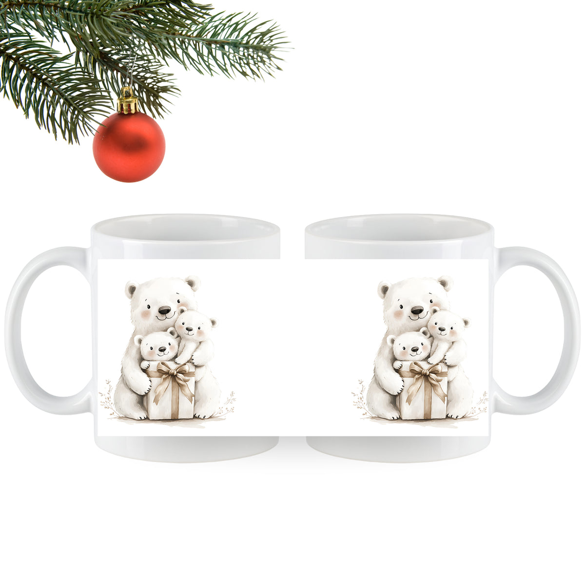 Weiße Tasse mit niedlichen Eisbären und Geschenkbändern.