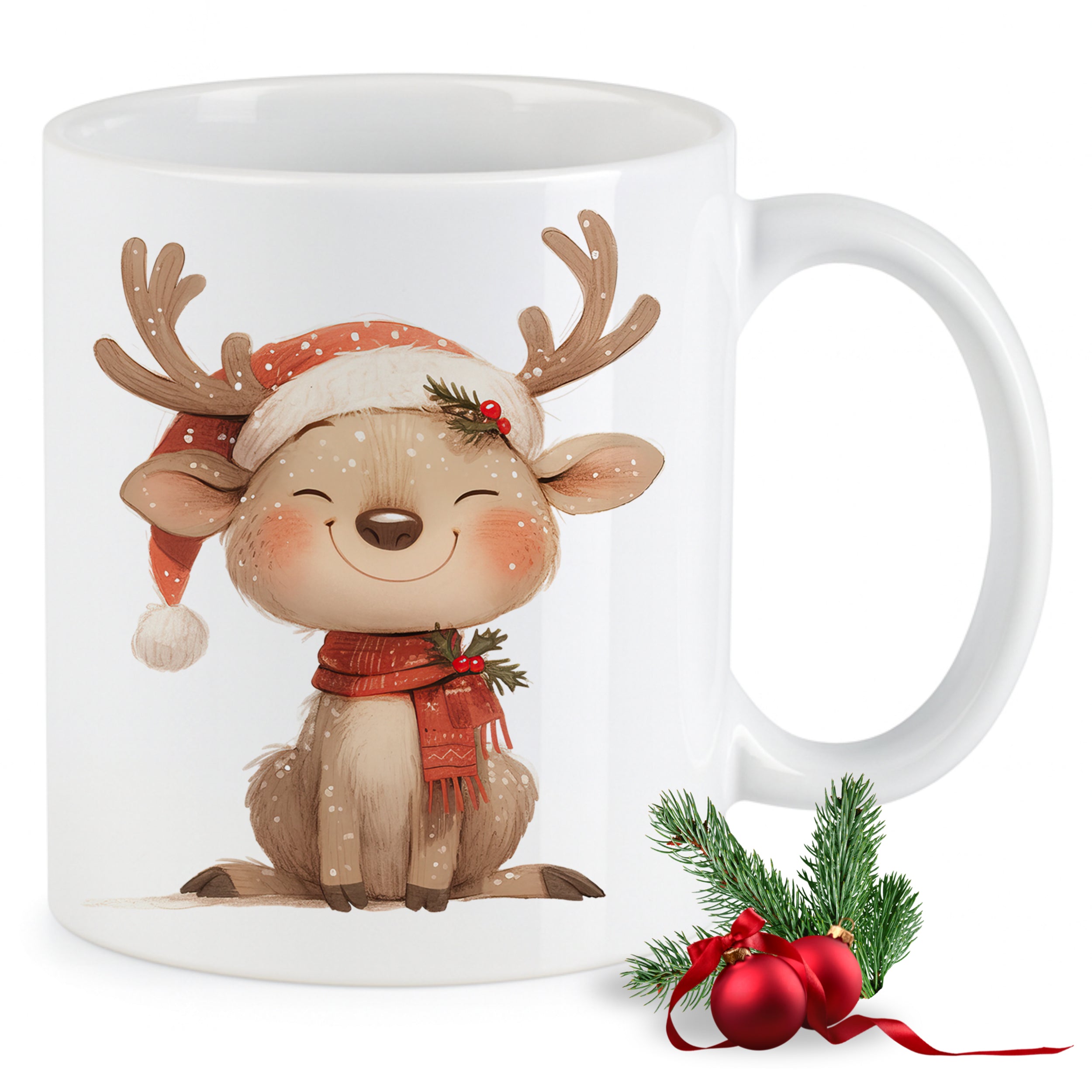 Weißer Becher mit niedlichem Rentier im Weihnachtsdesign.