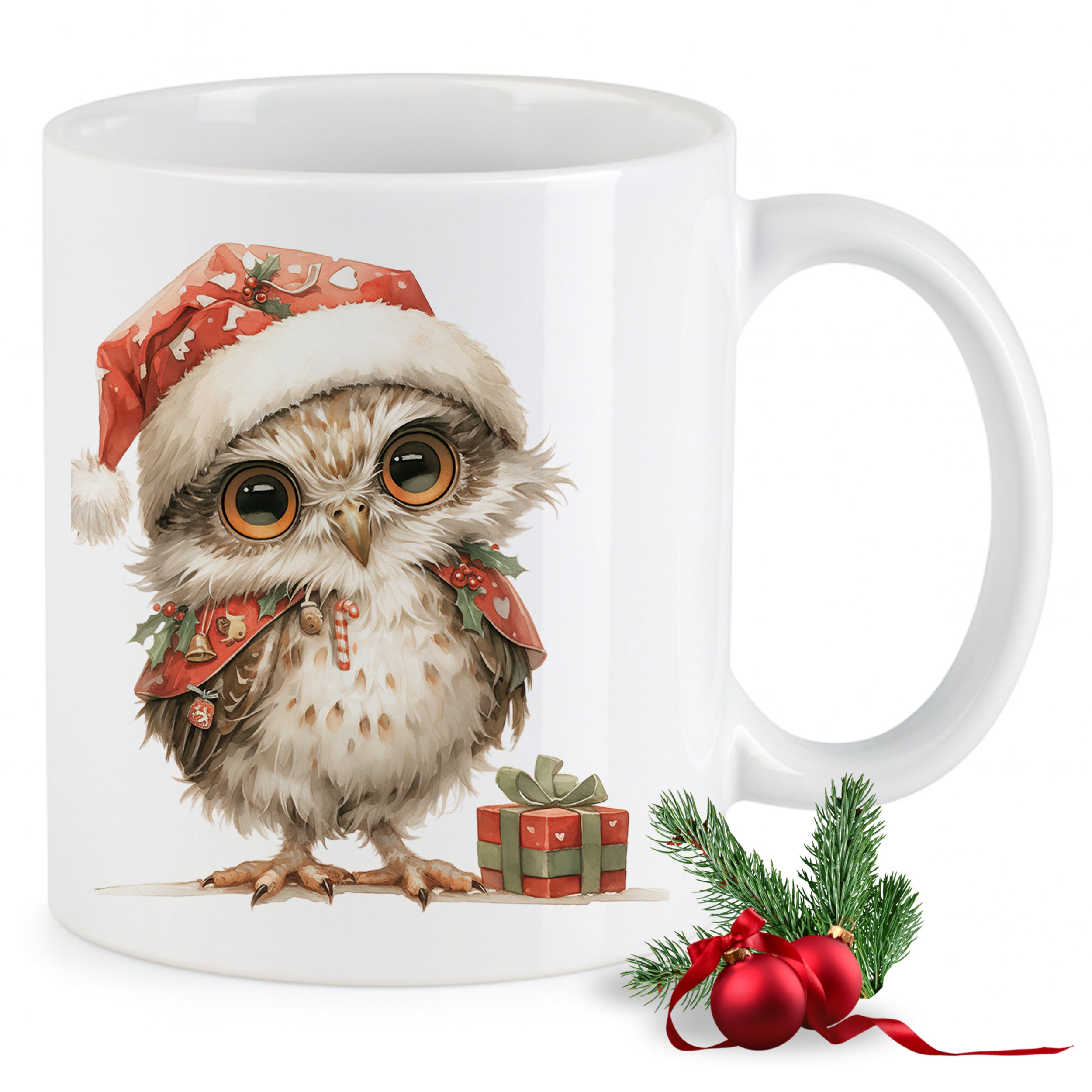 Weißer Becher mit einer Weihnachts-Eule im roten Hut.